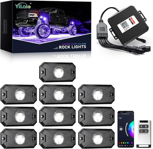 YiLaie 10 Pods LED Rock Lights for Trucks with APP/RF Remote Control, Flashing Music Mode, Upgraded Underglow Led Lights for Truck ATV UTV RZR SUV Golf Cart