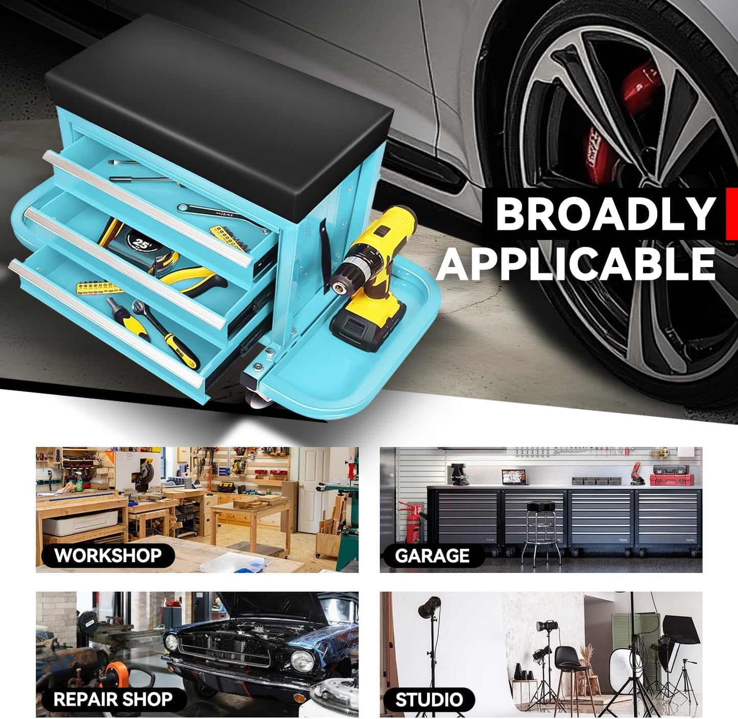 Auto Dynasty 3-Drawer Mechanic Rolling Seat, 350 LBS Capacity Roller Garage Shop Seat with Storage Tool Tray for Workshop, Repair Shop, Warehouse, Sky Blue