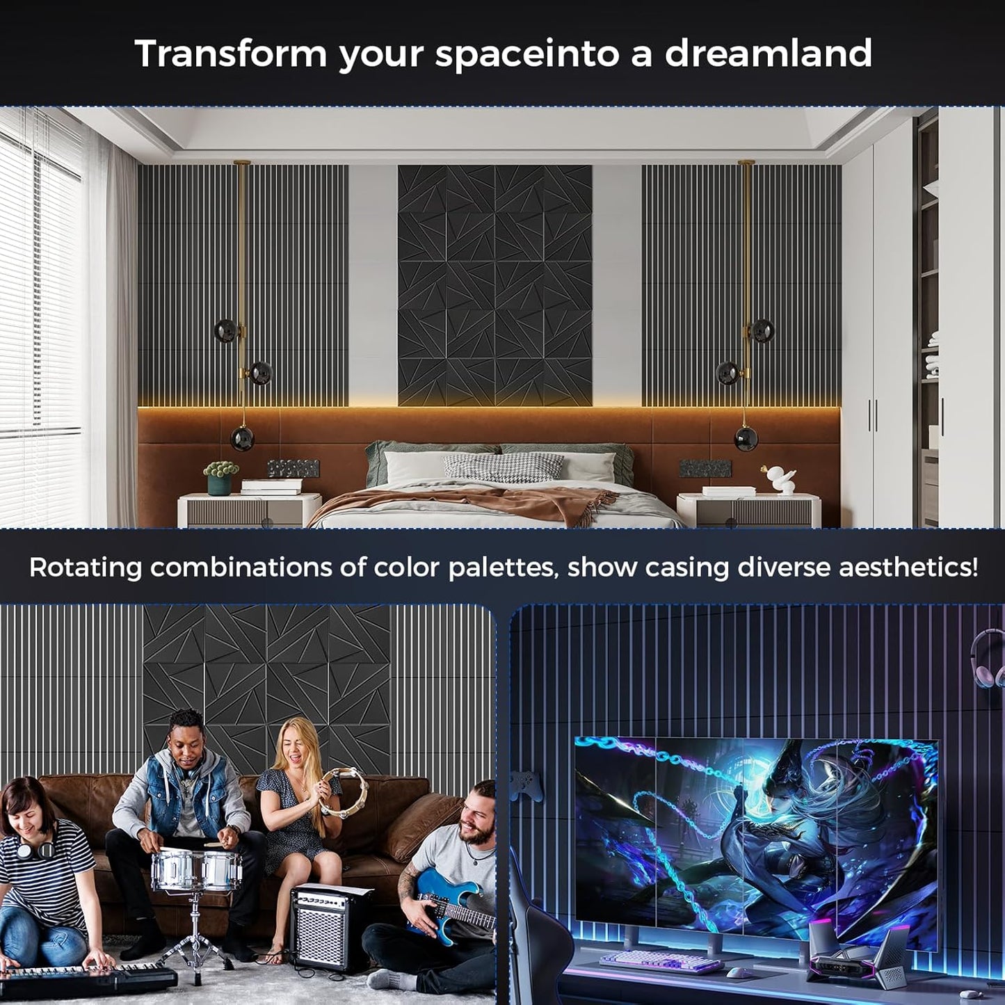 6 Pack 2-Layer Fold Soundproof Wall Panels, 24 x 12 x 0.43 in Large Sound Proof Foam Panels for Walls, 0.9lb/ft³ High Density, 3D Acoustic Panels,Artistic Noise Dampening Panels Black&White