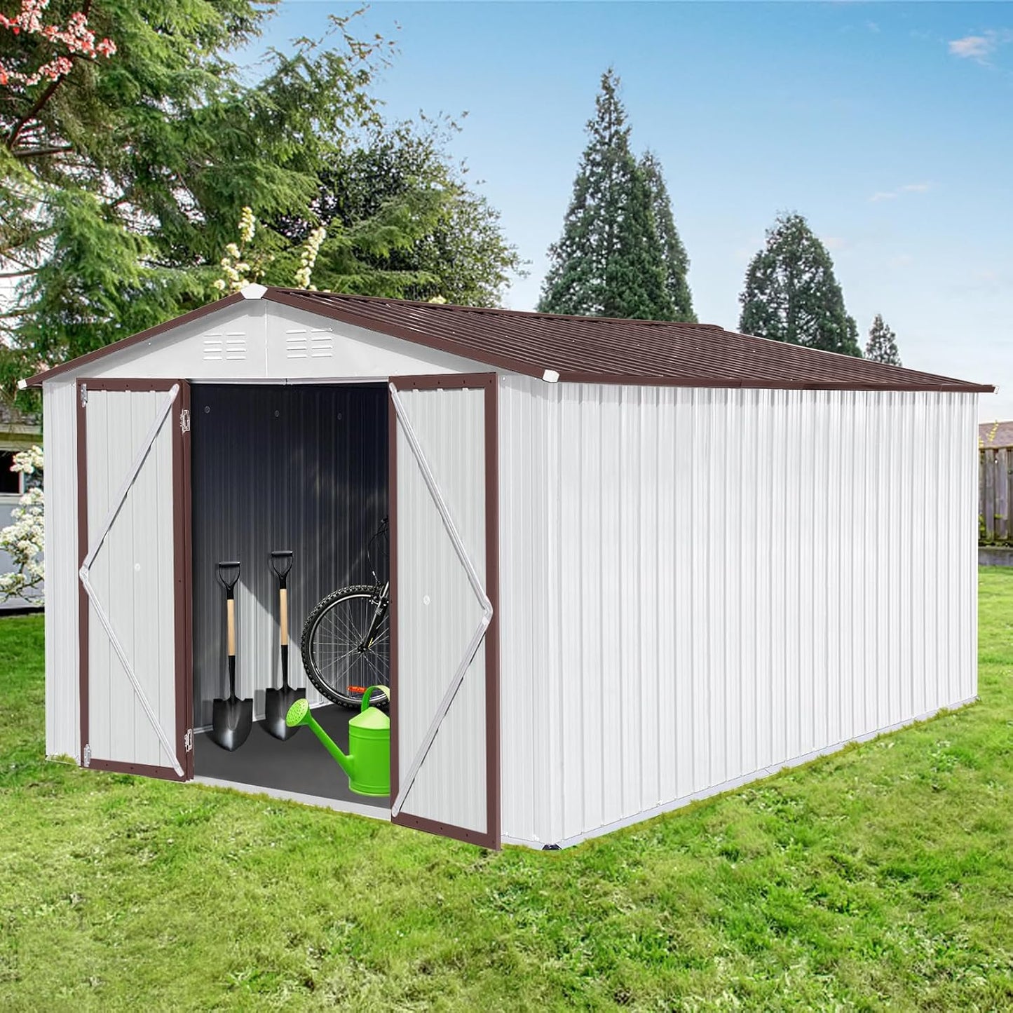 12 x 10 FT Metal Garden Shed, Outdoor Storage Shed with Heavy-Duty Steel Construction, Built-in Punched Vents & Hinged Door, Free Padlock for Secure Backyard, Patio & Garage Storage, White + Coffee