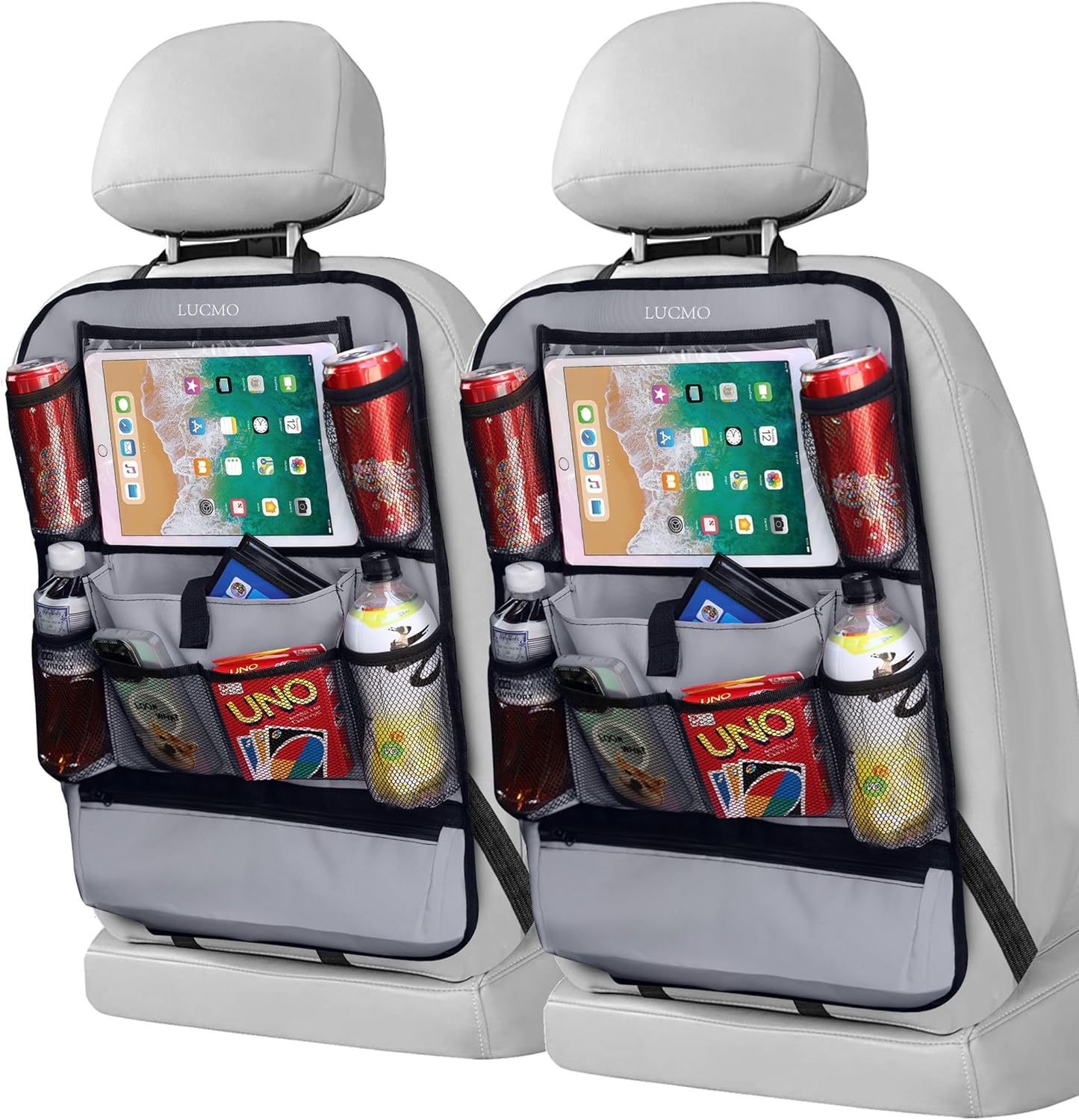 LUCMO Car Backseat Organizer with Touch Screen Tablet Holder-2 Pcs,9 Storage Pockets Car Storage Organizer Protectors Kick Mats Travel Accessories for Kids-Grey