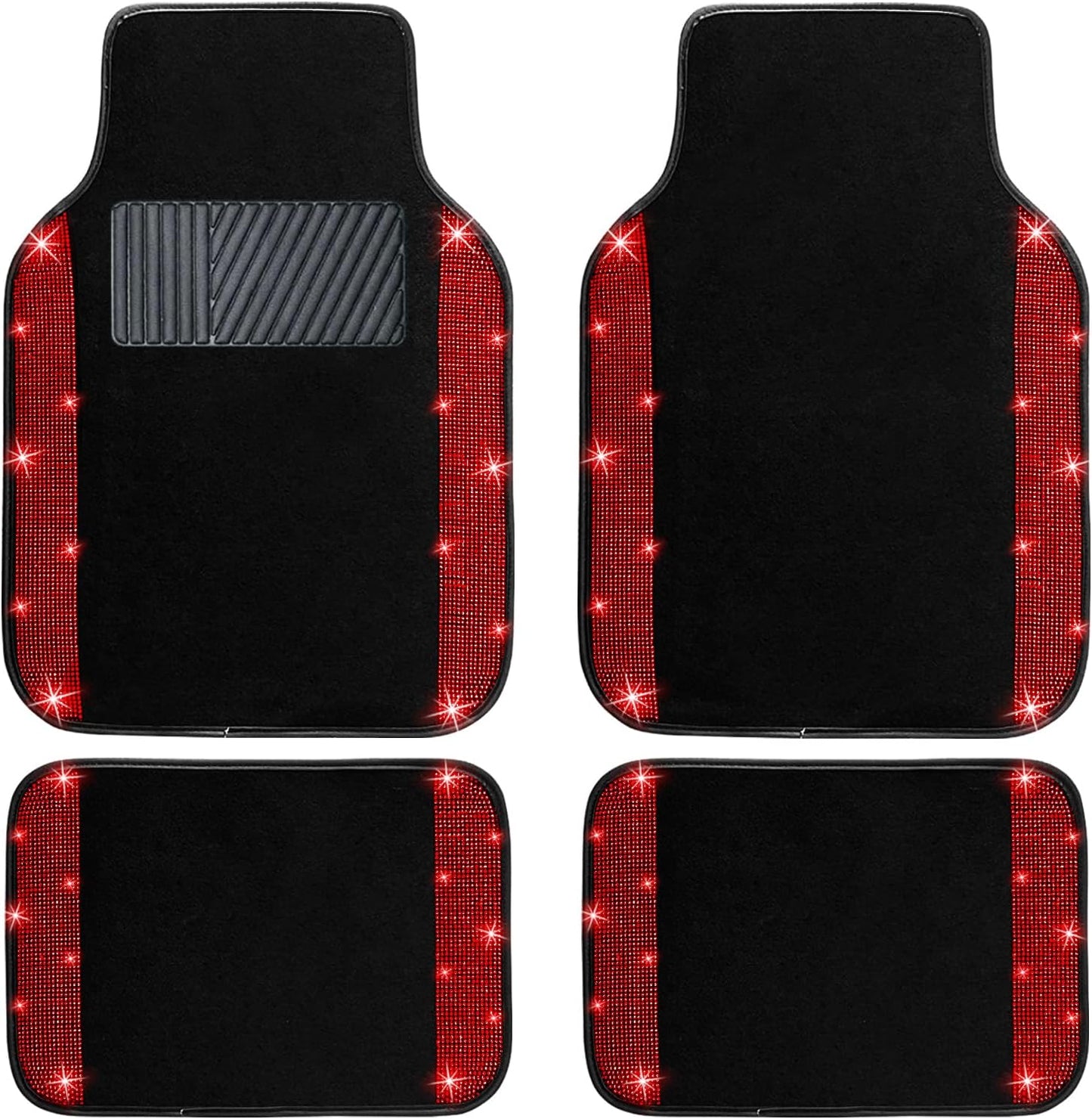 NBTEPEM Red Bling Car Floor Mats Full Set, Universal Fit Most Cars,SUV, Trucks, 4 pcs Sparkle Glitter Diamond Carpet for Women Girls with Anti-Slip Pad (Red Diamond)
