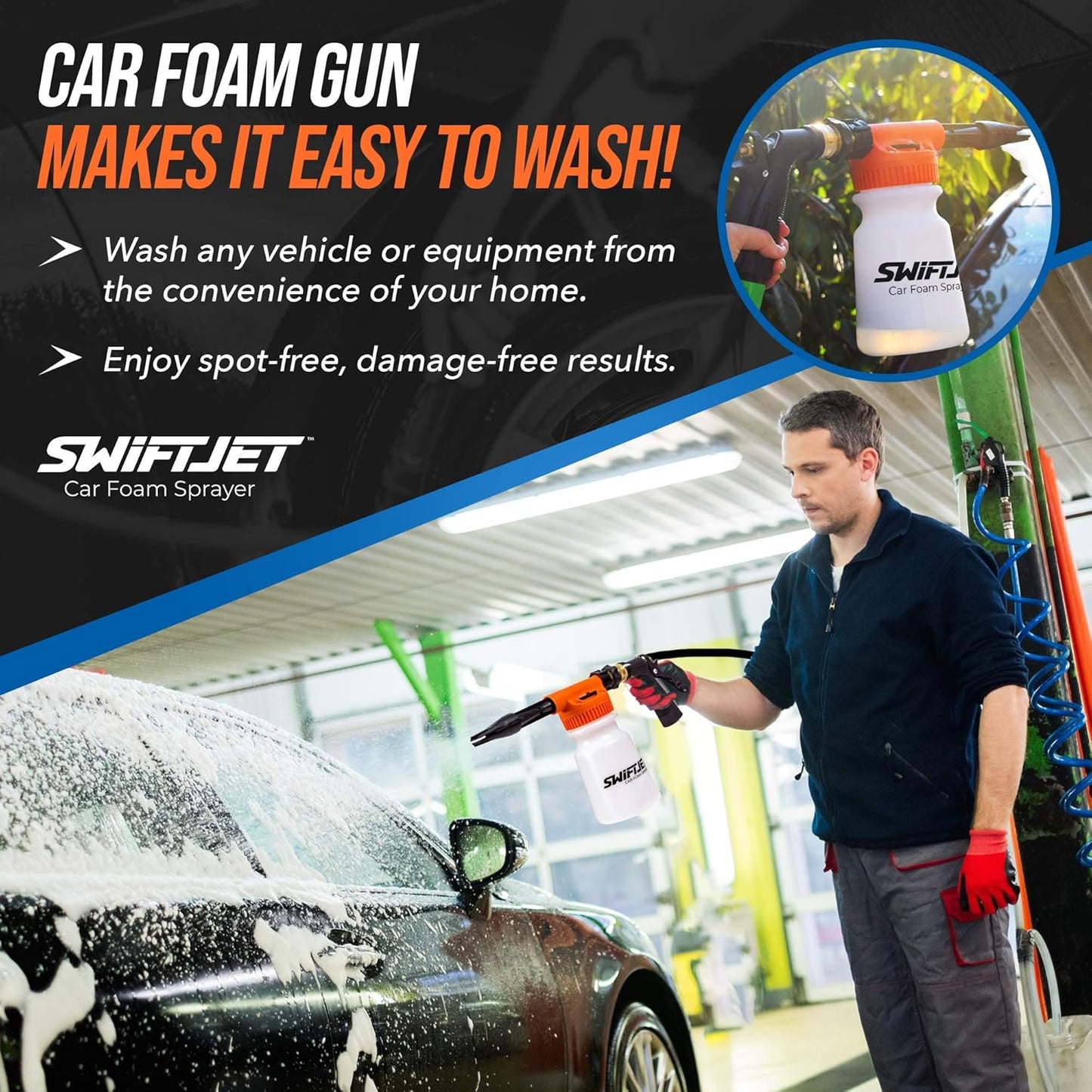 SwiftJet Car Wash Foam Gun + Microfiber Wash Mitt - Car Foam Sprayer - Car Wash Kit - Foam Cannon Garden Hose Sprayer - - Car Accessories for Men - Snow Foam Blaster (Orange Foam Gun with Mitt)