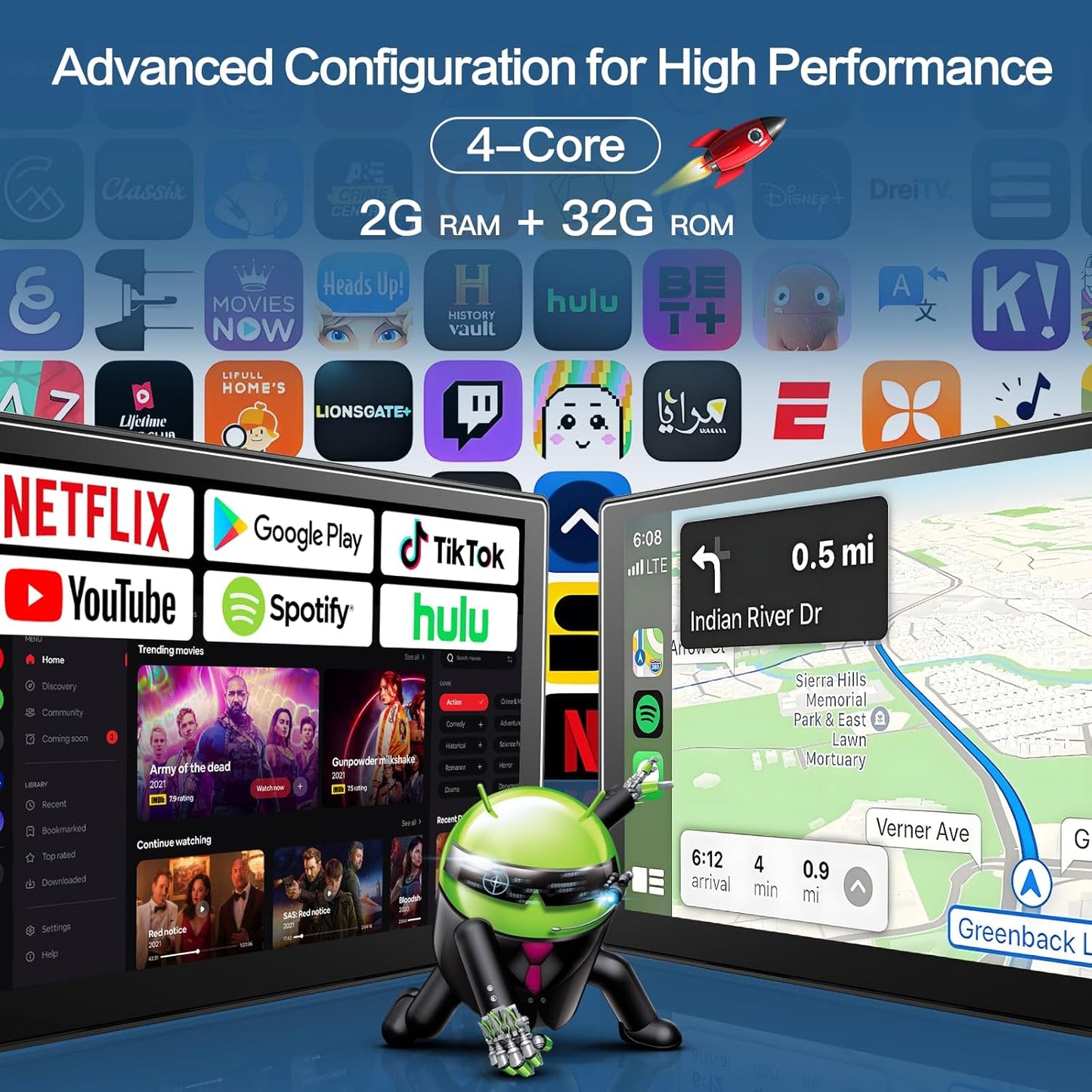 [Android& 2+32G] 9 inch Wireless Apple Carplay and Android Auto, 4 Core IPS Touch Screen Mirror Link, with 1080P Rear Camera and Support OTA Update, GPS Navigation, Netflix, YouTube, Tictok