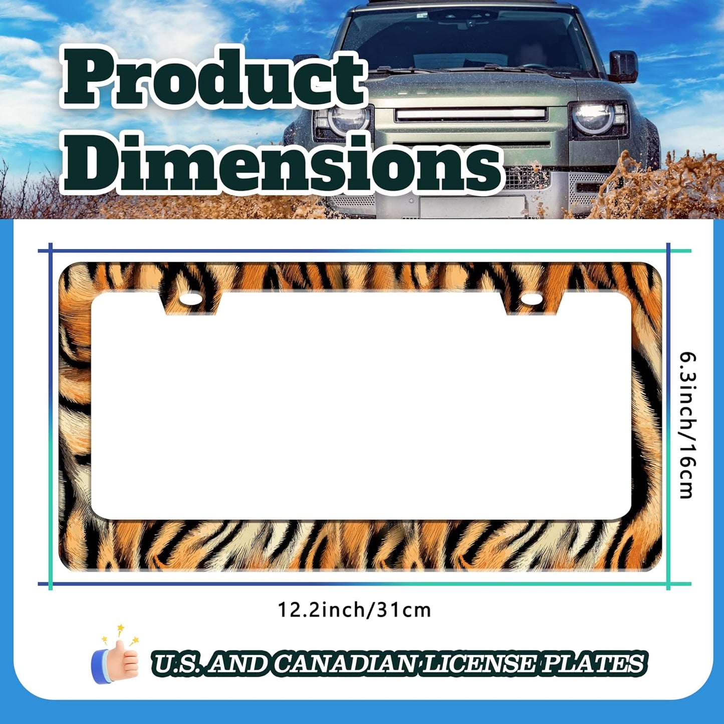 Tiger License Plate Frame Funny Tiger Skin Stripe License Plate Holder for Front or Rear Car Tags Reusable Durable Stainless Steel Car Decoration with Screws 6.3 X 12.2 Inch for Men Women