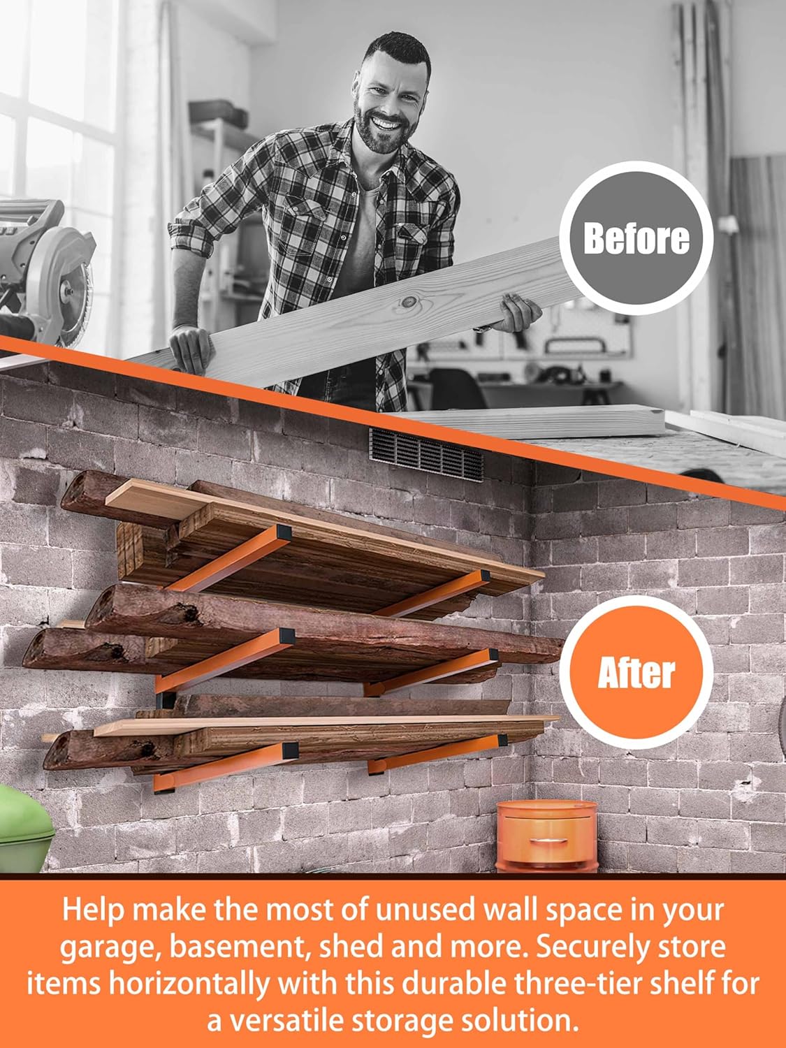 Caliee lumber Storage Rack Wall Mount, Heavy Duty Wood Storage Racks With 6-Level System Holds Up to 1400 lbs, Garage Shelf Wall Mount, Basement, Workshop, Rustproof & Space-Saving Design (4)