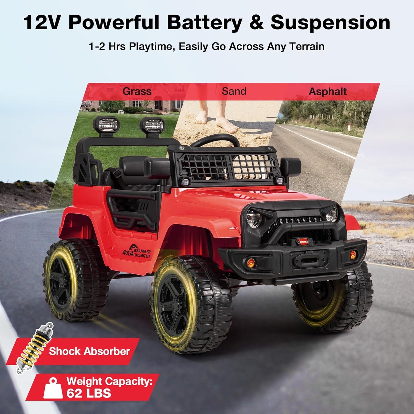 12V Ride On Truck for Kids, Electric Cars for Toddlers w/Remote Control, Soft Start, LED Lights, Horn, Radio, USB/AUX/MP3, Battery Powered Cars for Kids to Drive (Red)