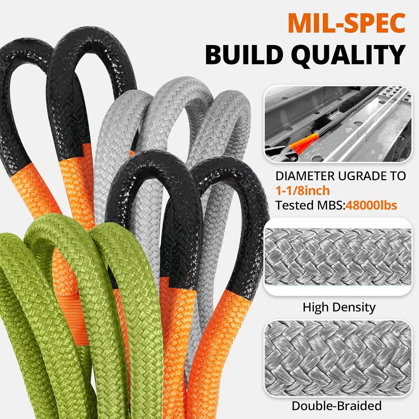 Kinetic Recovery Tow Rope 1-1/8" x20ft Offroad Snatch Strap 48000lbs Heavy Duty Towing Straps Kit for Trucks SUV UTV ATV Tractor Car Jeep