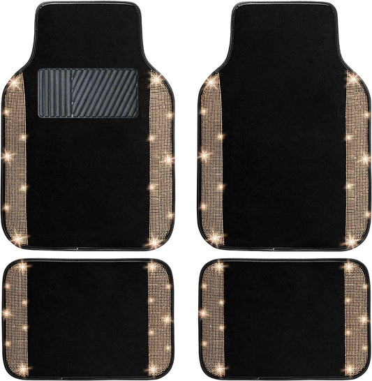 NBTEPEM Gold Bling Car Floor Mats Full Set, Universal Fit Most Cars,SUV, Trucks, 4 pcs Sparkle Glitter Diamond Carpet for Women Girls with Anti-Slip Pad (Gold Diamond)