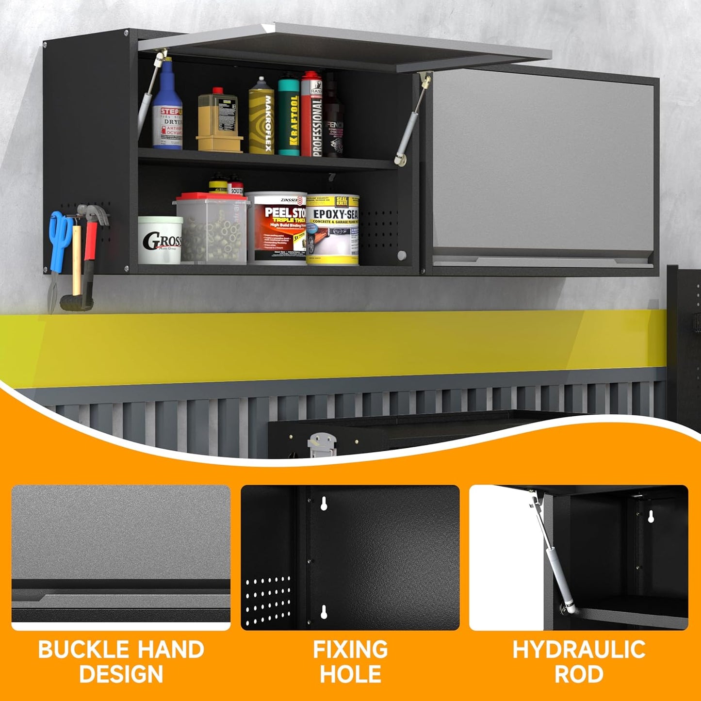 Metal Wall Cabinet with Adjustable Shelves, Doors - Floating Tool Storage for Garage/Warehouse - Black/Gray