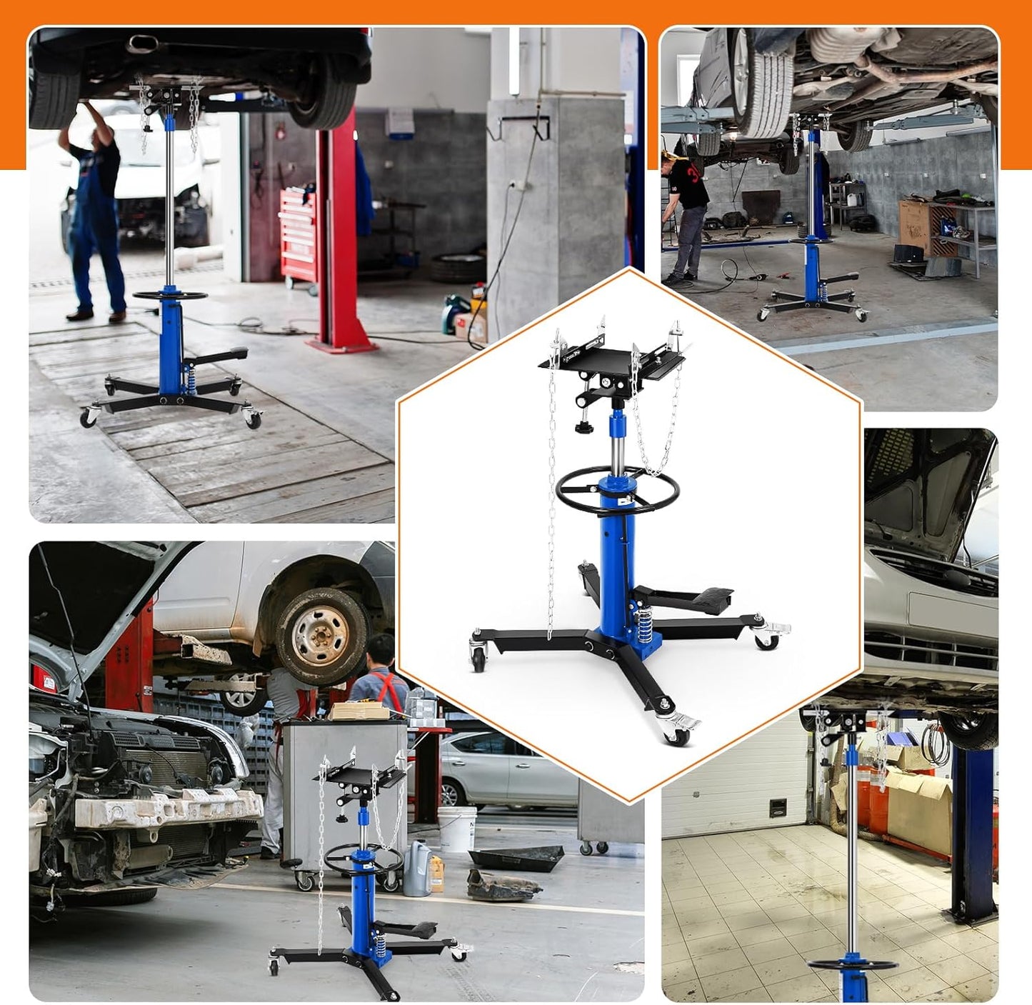 Transmission Jack, 1100lbs (1/2 Ton), 2-Stage Hydraulic Telescopic Jacks, Lifts 34"-68", with Foot Pedal & 360° Swivel Wheels, Ideal for Garage and Car Lifting, Heavy-Duty, Blue