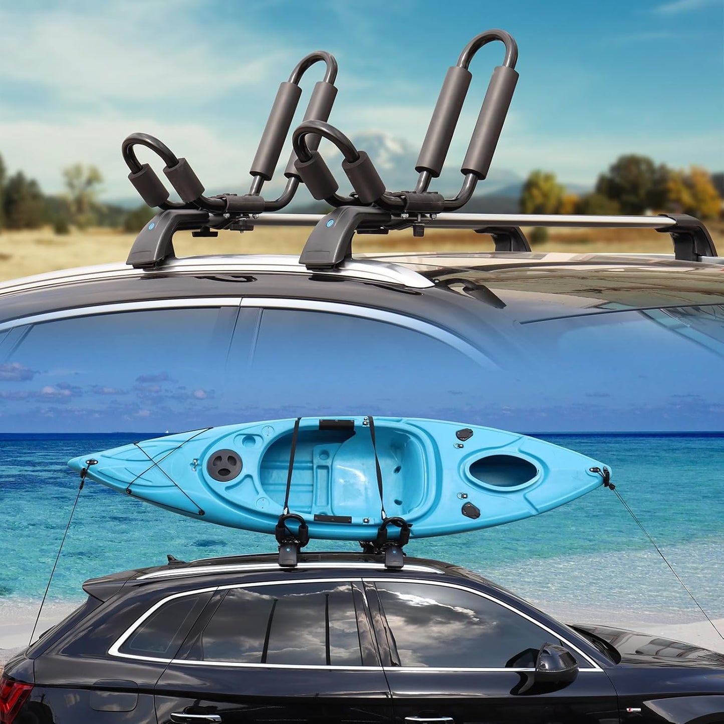 FORWODE Heavy Duty Kayak Roof Rack, 2 Pair J-Bar Kayak Rack with 4 Ratchet Tie, 4 S-Hook Ratchet Straps, 4 Anchor Belts for Kayak Canoe Boat Surf Ski on SUV Car Truck Crossbar