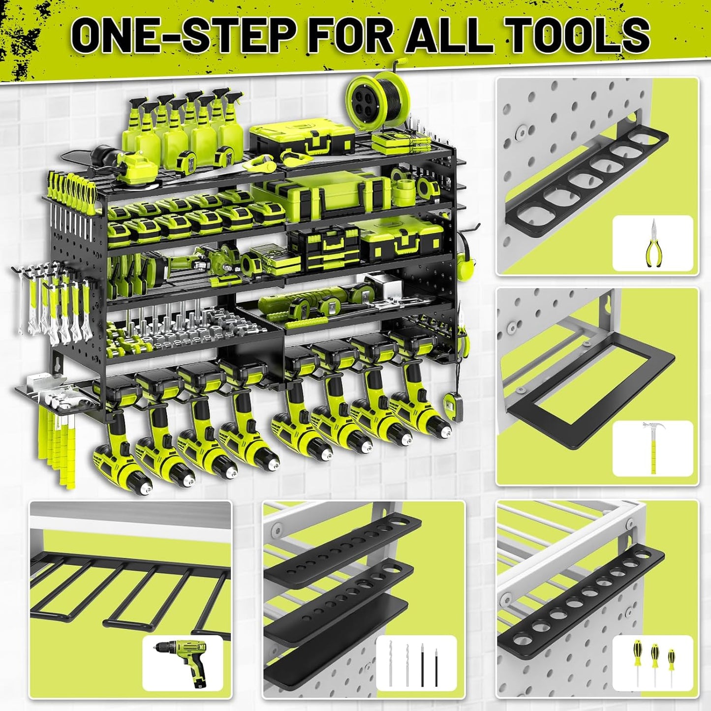 5 Layers Power Tool Organizer Wall Mount, Metal Cordless Tool Storage Rack Holder with 8 Drill Holders, Heavy Duty Garage Wall Tool Shelf for Workshop Tool Room Men Husband Father Gift Black