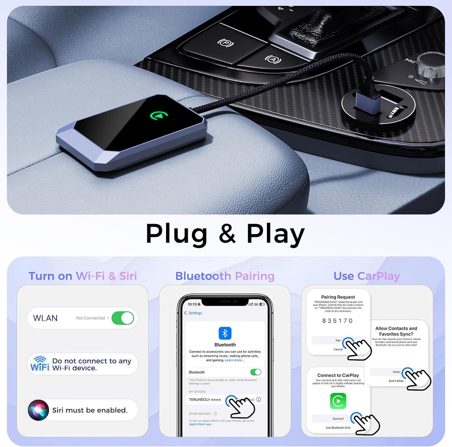 Wireless CarPlay Adapter for Apple iPhone, Convert Wired CarPlay to Wireless, Plug-and-Play, Stable Connection Compatible with OEM Wired CarPlay Vehicles & iOS 10+