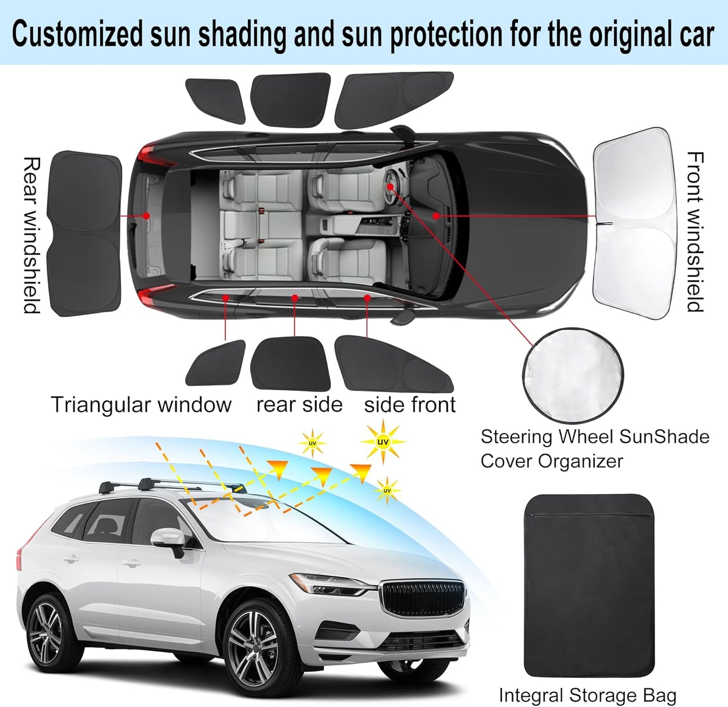 TINGLU Window Shades for Volvo XC60 2018-2024 2025 Accessories Car Side Full Windows Rear Triangular Windshield Sun Shade Sun UV Rays & Privacy Protection for Camping,Napping,and Relaxing 8PCS