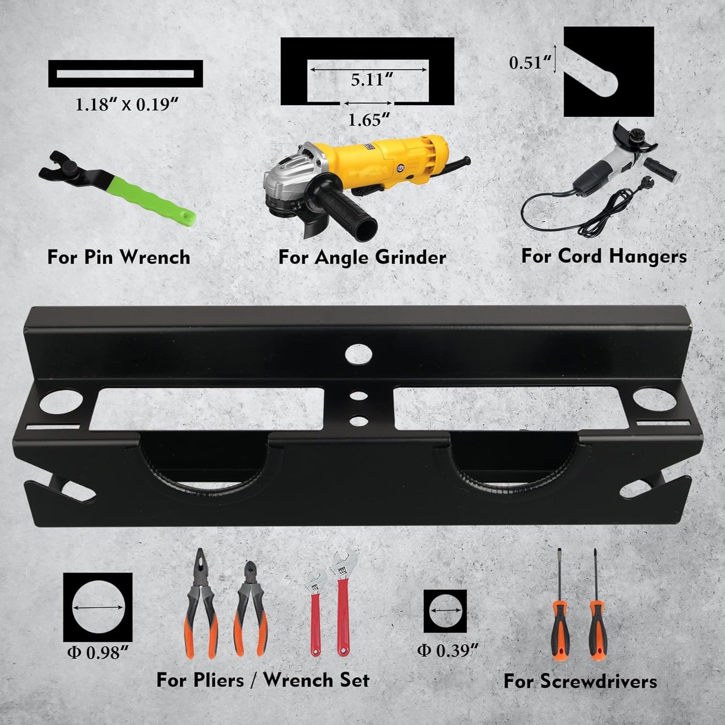MUTUACTOR Power Tool Organizer,Heavy Duty 2 Bay Angle Grinder Stand Storage Rack,Quick Access Angle Grinder Rack,Anti-slip Power Tool Holder with Cord Hanger for Cutters Polishers Garage and Workspace