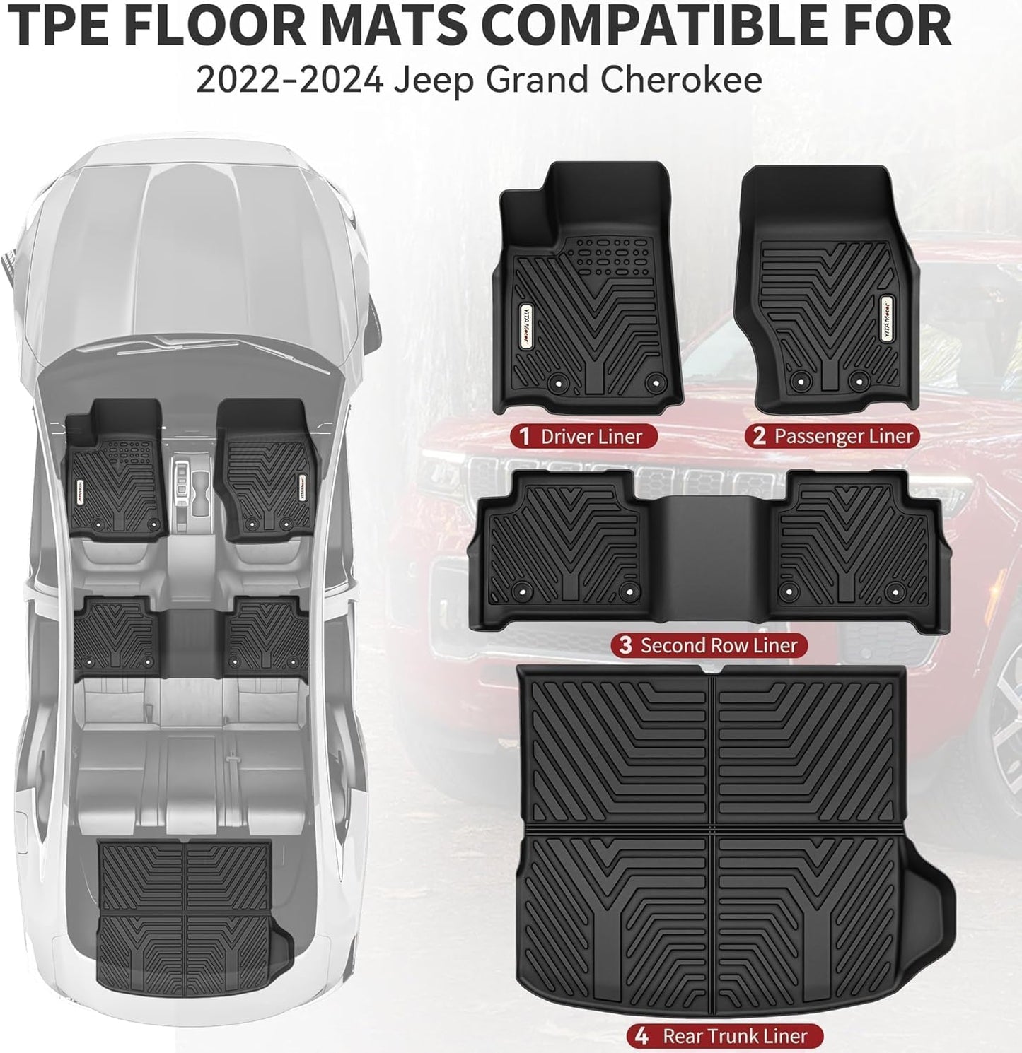 YITAMOTOR Floor Mats and Cargo Mats for 2022 2023 2024 2025 Jeep Grand Cherokee (Include 4xe NOT for L or WK), TPE All Weather 1st & 2nd Rows and Trunk Full Set Floor Liners, Black