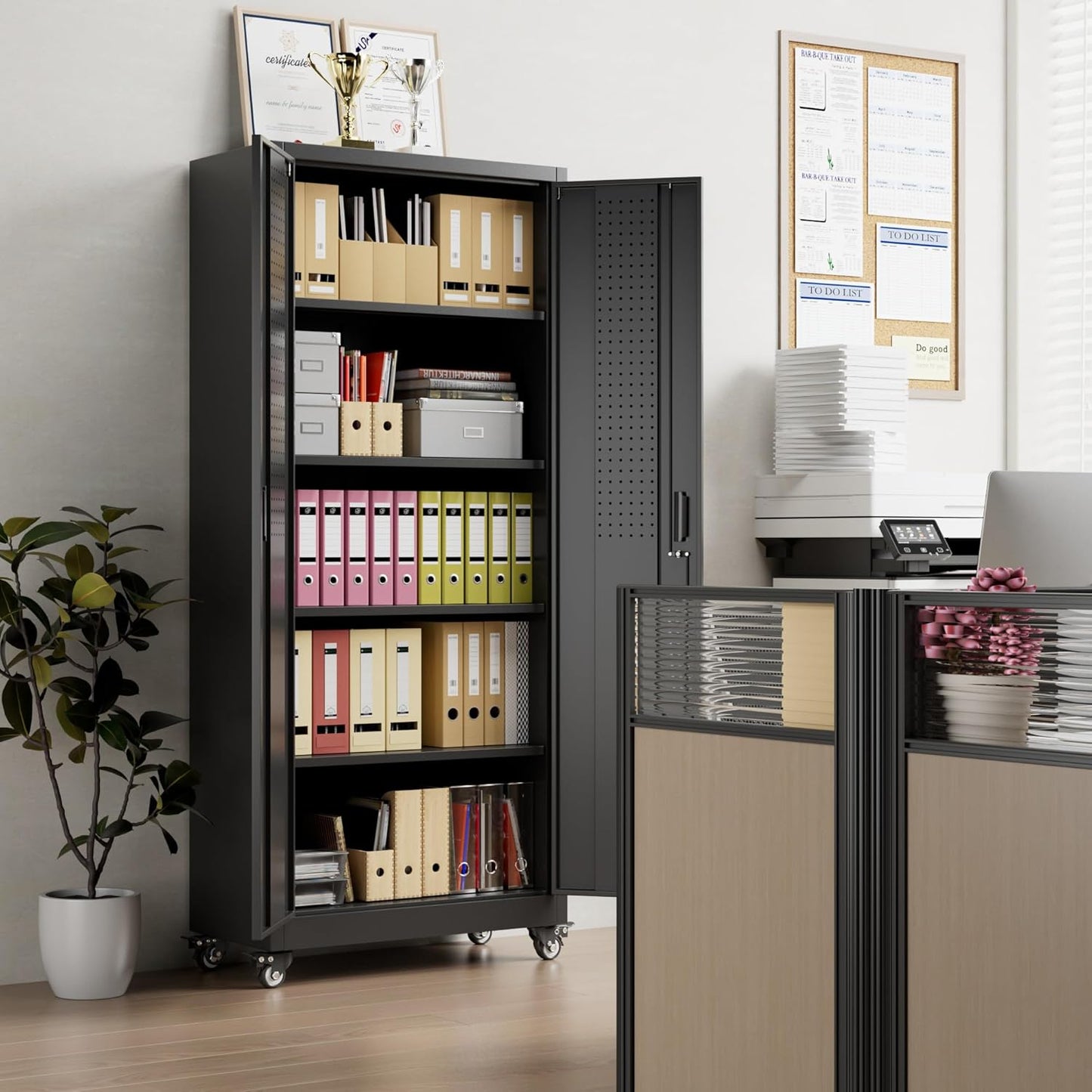 Garage Storage Cabinet with with Pegboard and Wheels,73" Metal Lockable File Cabinet with 2 Doors and 4 Adjustable Shelves,Tool Storage,Home Office Garage,Gym,School (Black)