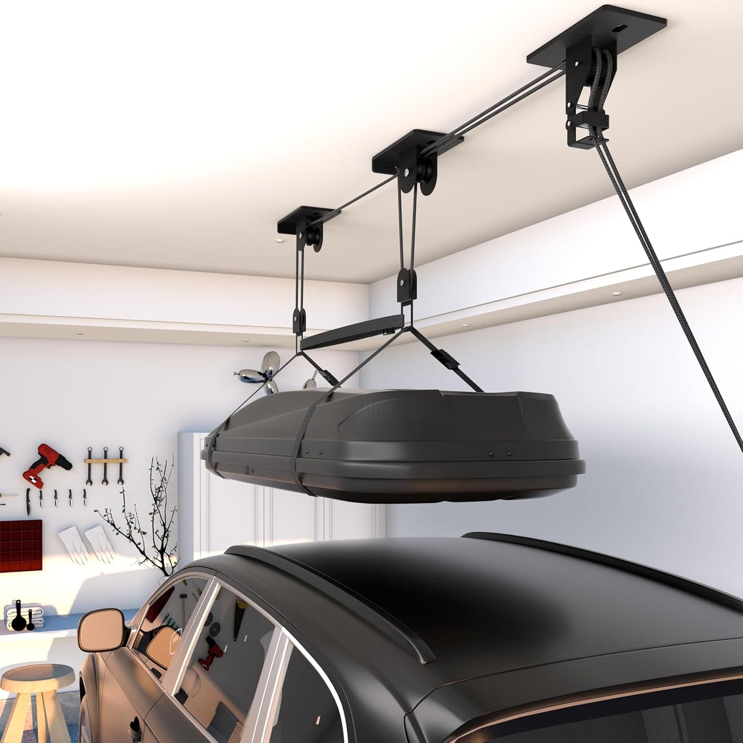 Cargo Box Pulley System for Garage Storage, Heavy-Duty Kayak/Canoes/Bikes/Ladders Ceiling Hoist, Hold Up to 150 lbs Capacity, Fit 10-18 Foot Ceilings, Black