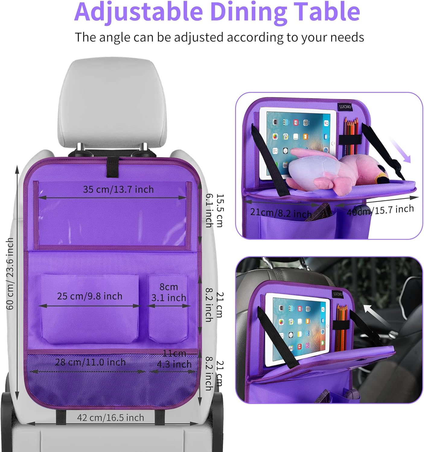 LUCMO Car Backseat Organizer with Tablet Holder-2 Pcs,6 Storage Pockets Car Storage Organizer with Foldable Food Tray,Protectors Kick Mats Travel Accessories-Dark Purple