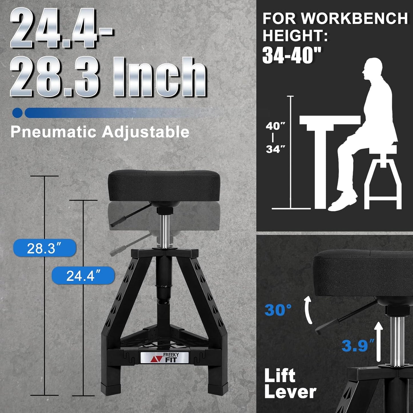 Adjustable Shop Stool,Garage Mechanic Stool Chair,Work Seat for Workshop, Adjustable Height, 360° Swivel Padded Square Seat,Tool Storage, 350 LBS Capacity, Heavy Duty, Black