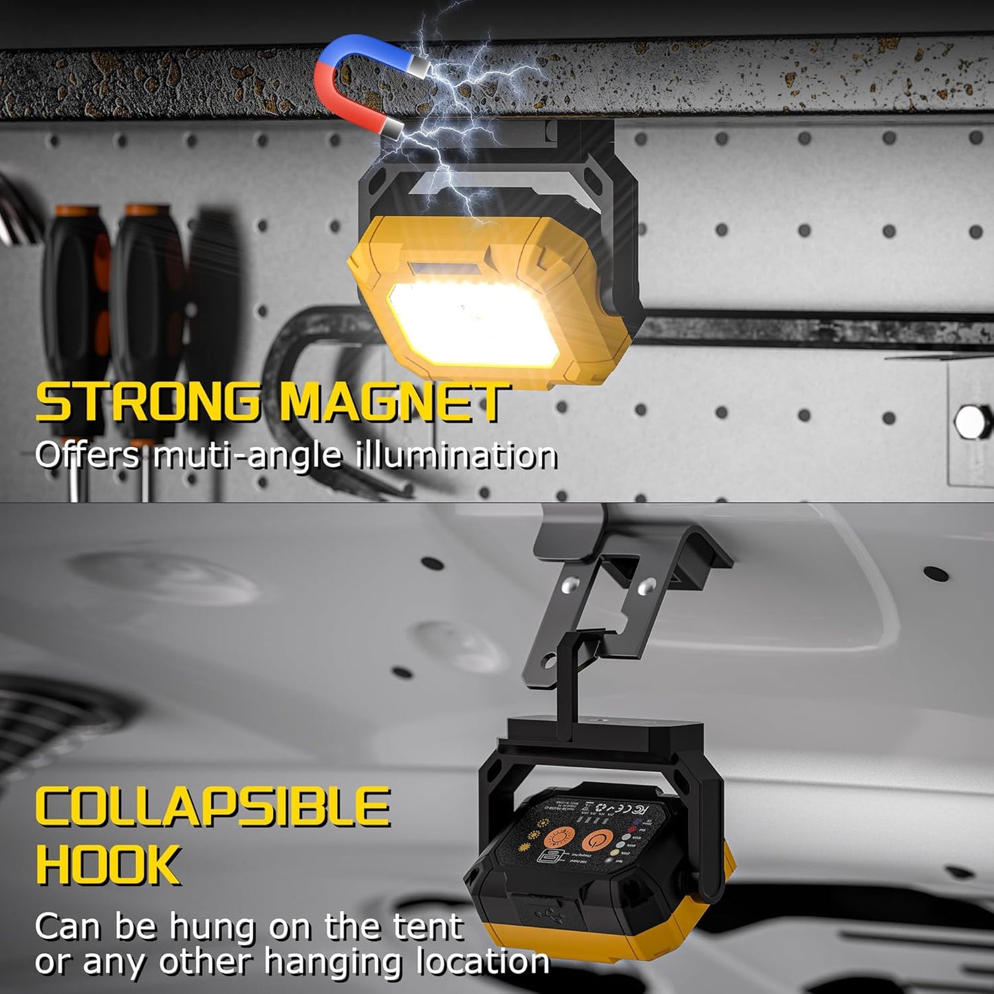 2 Pack Magnetic Work Light, 1500LM led work light, 4000mAh Rechargeable Work Light with 360°Rotating Magnetic Stand & Hook, 15 Modes, Magnetic flashlight for Car Repairing/Emergency/Camping