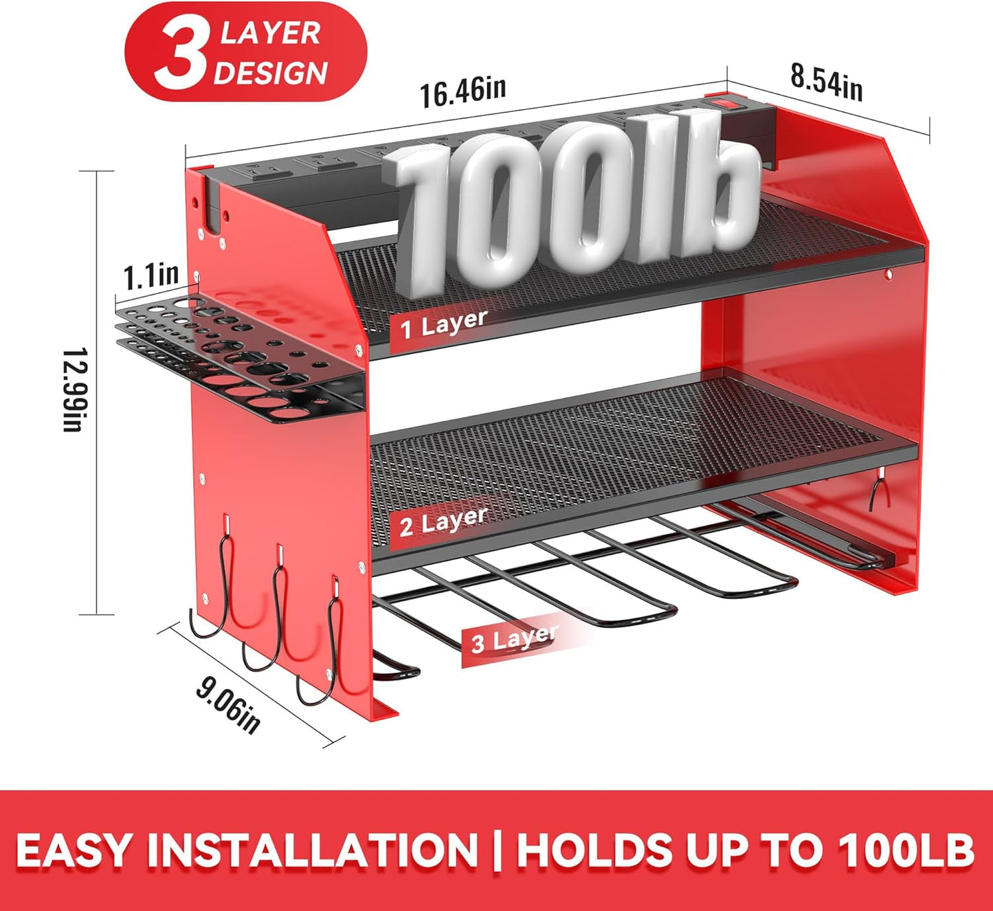 3-Tier Modular Drill Holder & Power Tool Organizer Wall Mount with Charging Station, Tool Storage Rack with Hooks, 8-Outlet Power Strip, Bit Rack & Cordless Garage Tool Organization (Red)