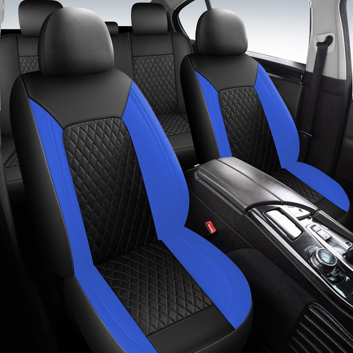 Blue Car Seat Covers,Breathable and Waterproof Seat Cover Full Set,PU Premium Universal Fit Automotive Airbag Compatible for Cars Sedans SUVs Vans and Trucks(Full Seat,Black+Blue,N1)