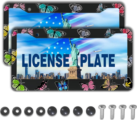 License Plate Frames for Women Multicolor License Plate Frame Holder for Men Butterfly Aluminum Metal Car Accessory 2 Pack with Screw Covers Set