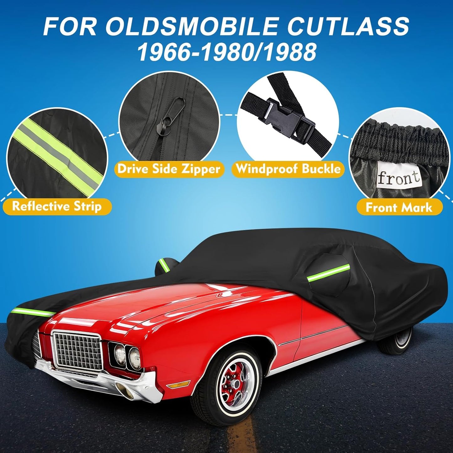QUNSUNUS Waterproof Car Cover for Oldsmobile Cutlass 1966-1980/1988, Outdoor Car Cover with Zipper, Full Exterior Car Covers for Automobiles All Weather with Wind, Sun, UV and Dust Protection
