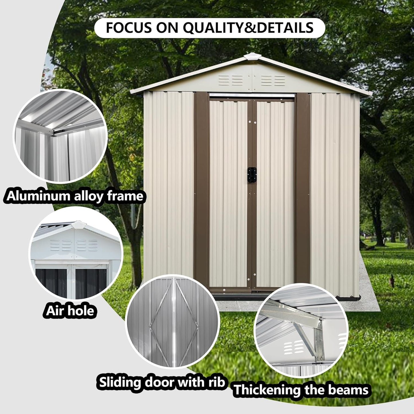 5X3 FT Outdoor Storage Shed, Waterproof Metal Garden Sheds w/Lockable Sliding Doors and Vents, Weather Resistant Tool Storage House for Backyard, Patio, Lawn, Cream White