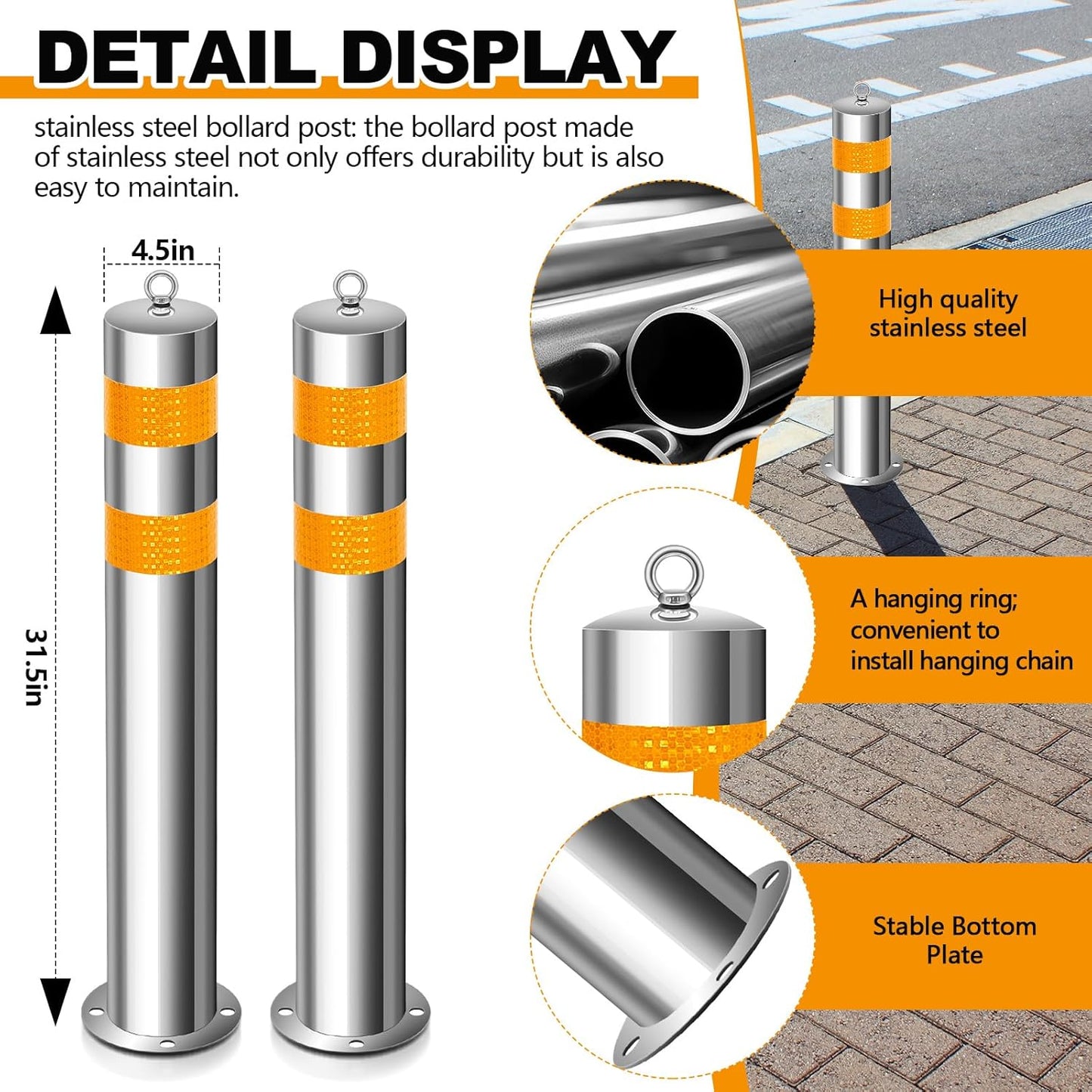 31.5 Inch Stainless Steel Bollard Post with Anchor Bolts Parking Barrier Block Safety Bollard Covers with Reflective Strips and Hanging Ring for Parking Lots Driveways Garage Pathways(4 Pcs)