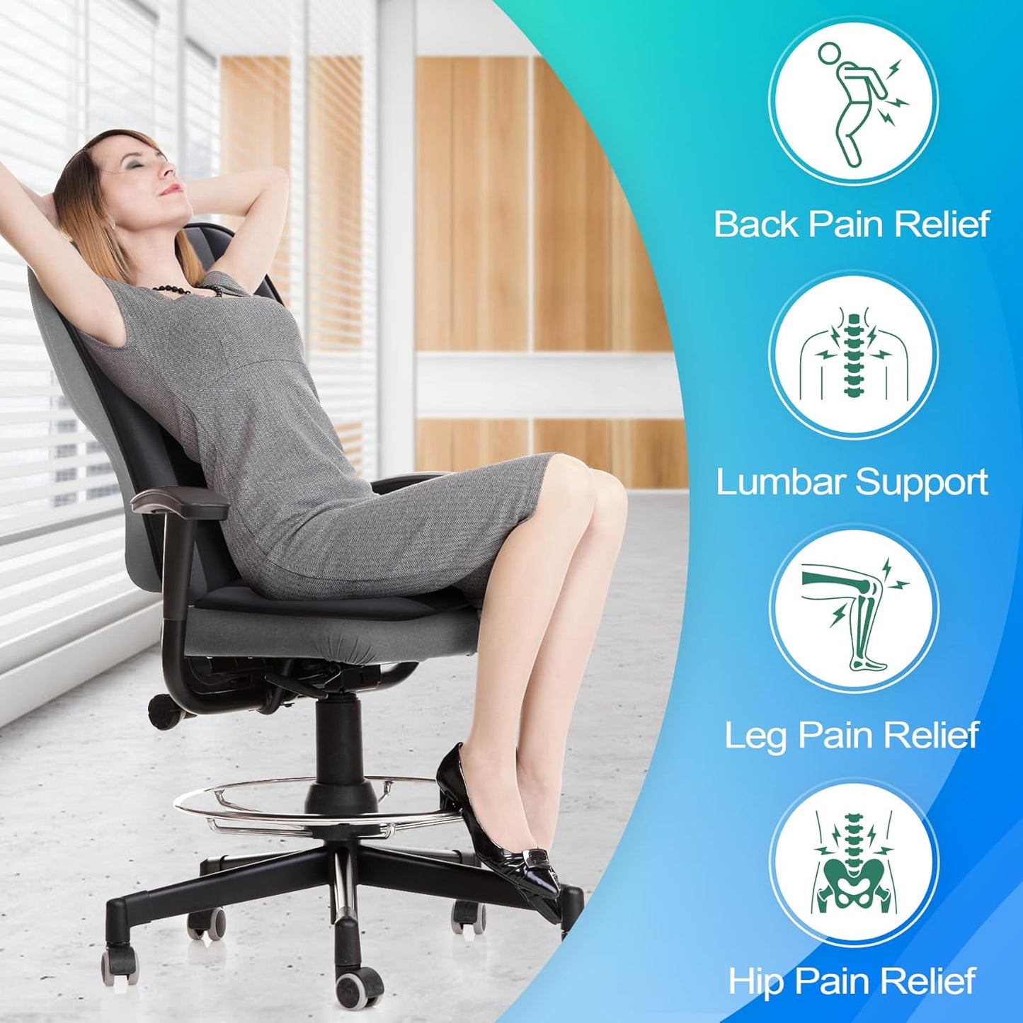 MYFAMIREA Car Seat Cushion and Back Support Pillow 1.2'' Thick Memory Foam Desk Chair Cushion Back Support for Automotive Seat Driver, Travel, Leg Back Pain Relief, Washable Adjustable, Dark Gray