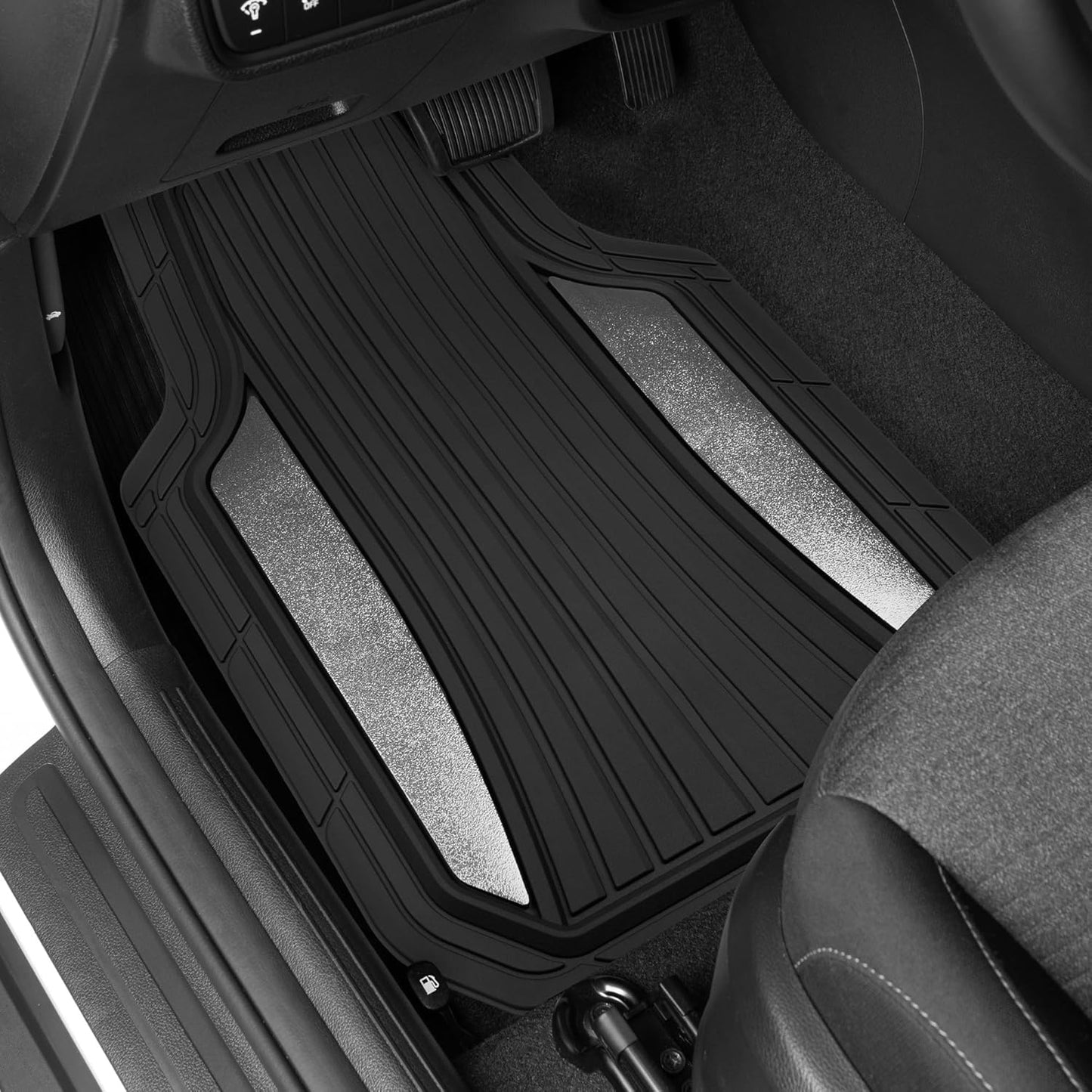 Motor Trend ChromeTech Car Floor Mats Full Set - Durable Rubber Floor Mats for Cars with Two Tone Accent, All Weather Interior Protection for Front and Rear with Non-Slip Backing, Silver Chrome