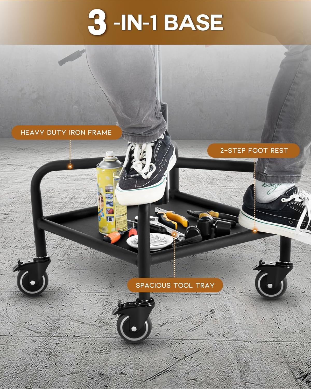 Shop Stool with Lockable Rubber Wheels Adjustable Backrest Tool Tray Storage 400 lb Capacity Rolling Garage Stool (Coffee)