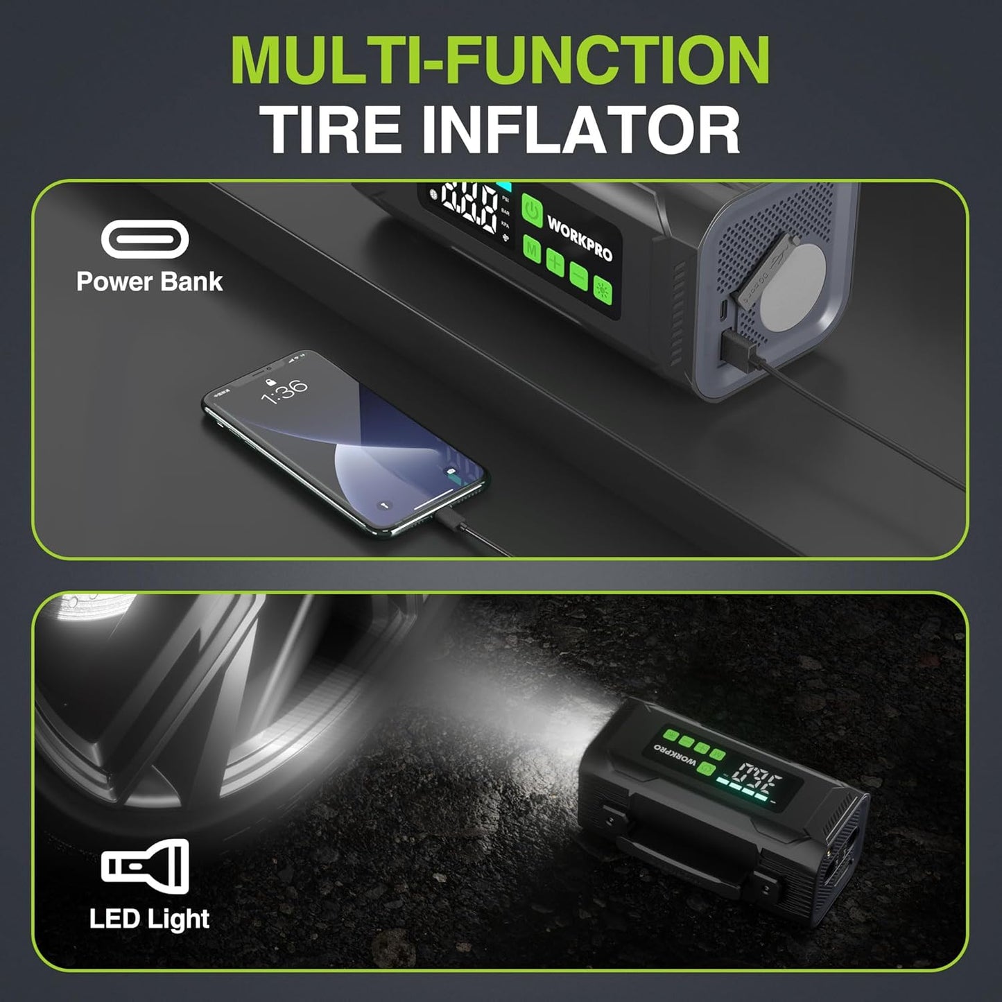 WORKPRO Tire Inflator Portable Air Compressor, 12V Electric Air Pump 150PSI for Car Tires with Pressure Gauge, 3X Faster Portable Tire Inflator for Car Motorcycle Bicycle Ball with Dual Power Supply