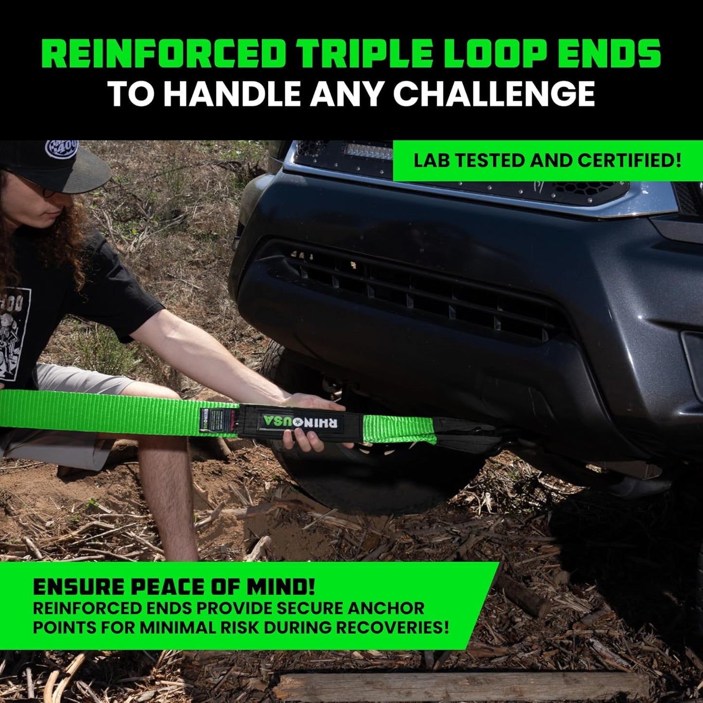 Rhino USA Recovery Tow Strap (3" x 20') - 31,518lb Break Strength - Emergency Recovery Strap Tow Rope for Truck, UTV, ATV & More - Heavy Duty Towing Strap for Offroad 4x4 Use - Compatible with Jeep