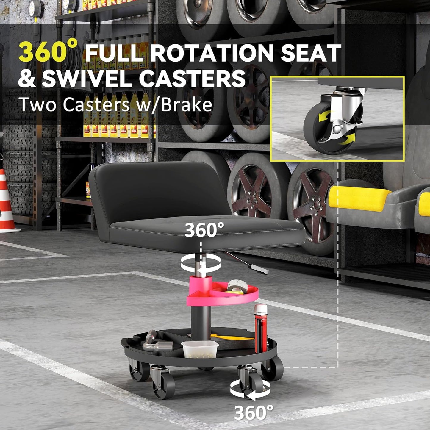 HOMCOM Rolling Mechanic Stool, 300 LBS Capacity Pneumatic Creeper Garage Stool with 360° Wheels, Backrest, Heavy Duty Roller Seat Padded Shop Chair with Tool Tray Storage, Adjustable Height, Black