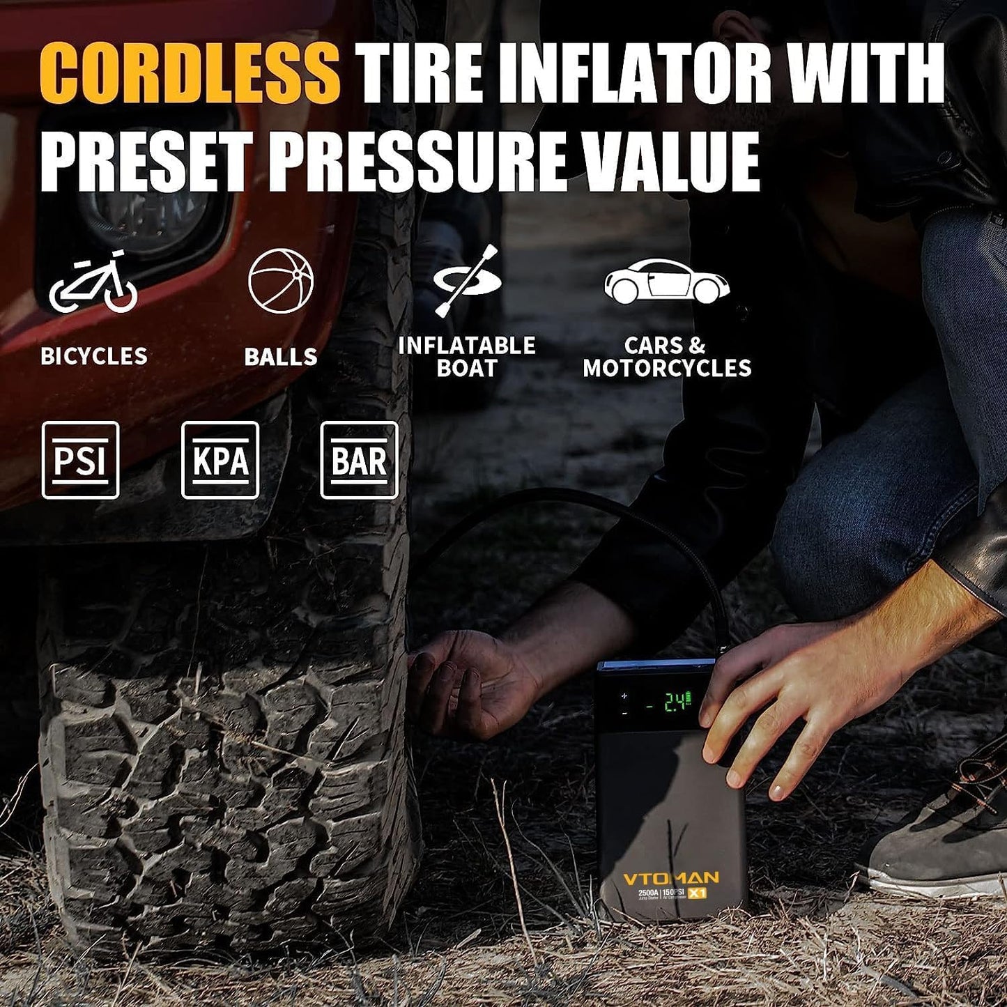 VTOMAN X1 Jump Starter with Air Compressor, Car Battery Jumper Starter (2500A, Up to 8.5L Gas/6L Diesel Engine) with 150PSI Auto Tire Inflator, 12V Portable Booster Pack, Lithium Jump Box Charger-Gray