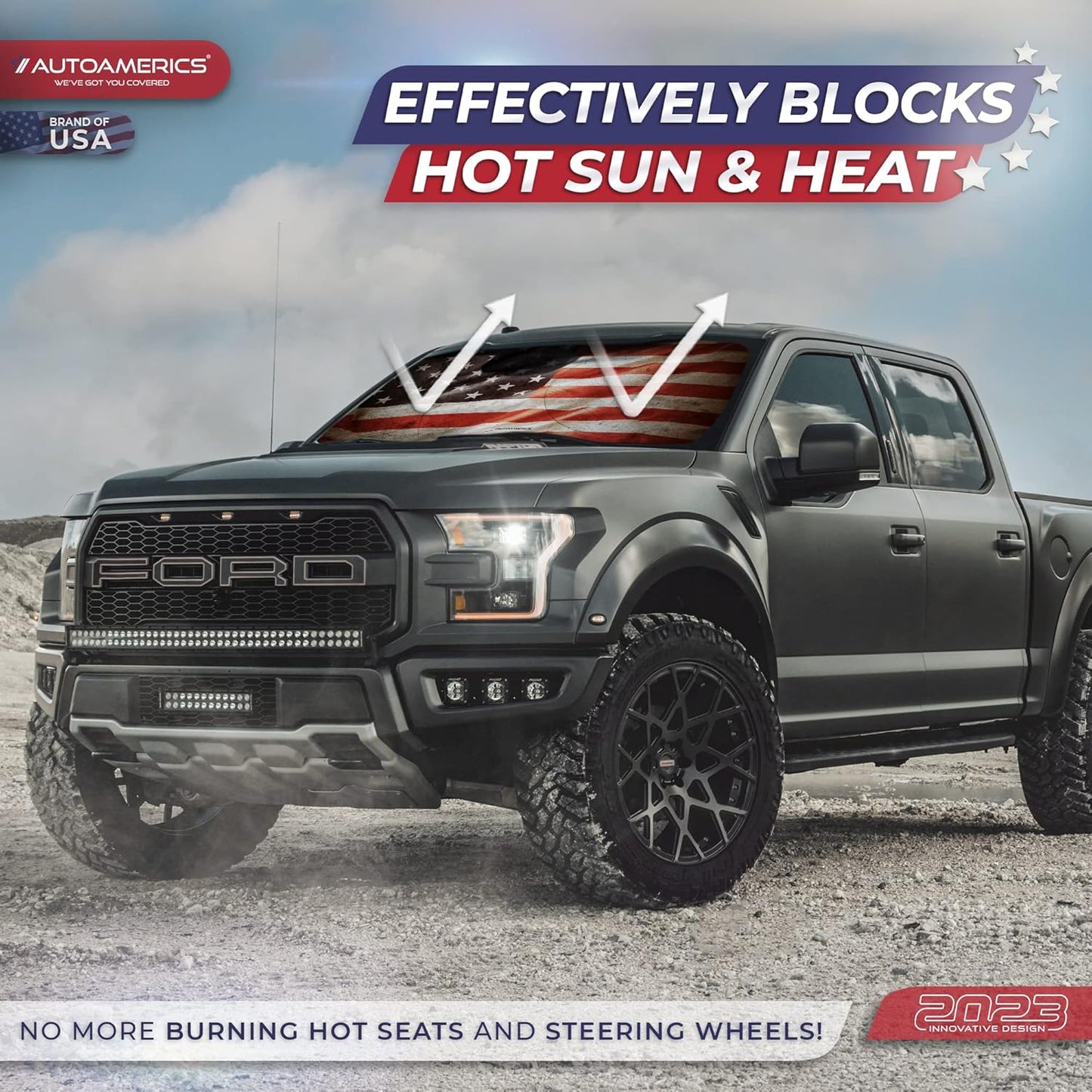 Autoamerics 1-Piece Windshield Sun Shade Grunge American Flag - 1 USA Design - Foldable Car Front Window Sunshade for Most Sedans SUV Truck - Blocks Max UV Rays and Keeps Your Vehicle Cool - Large