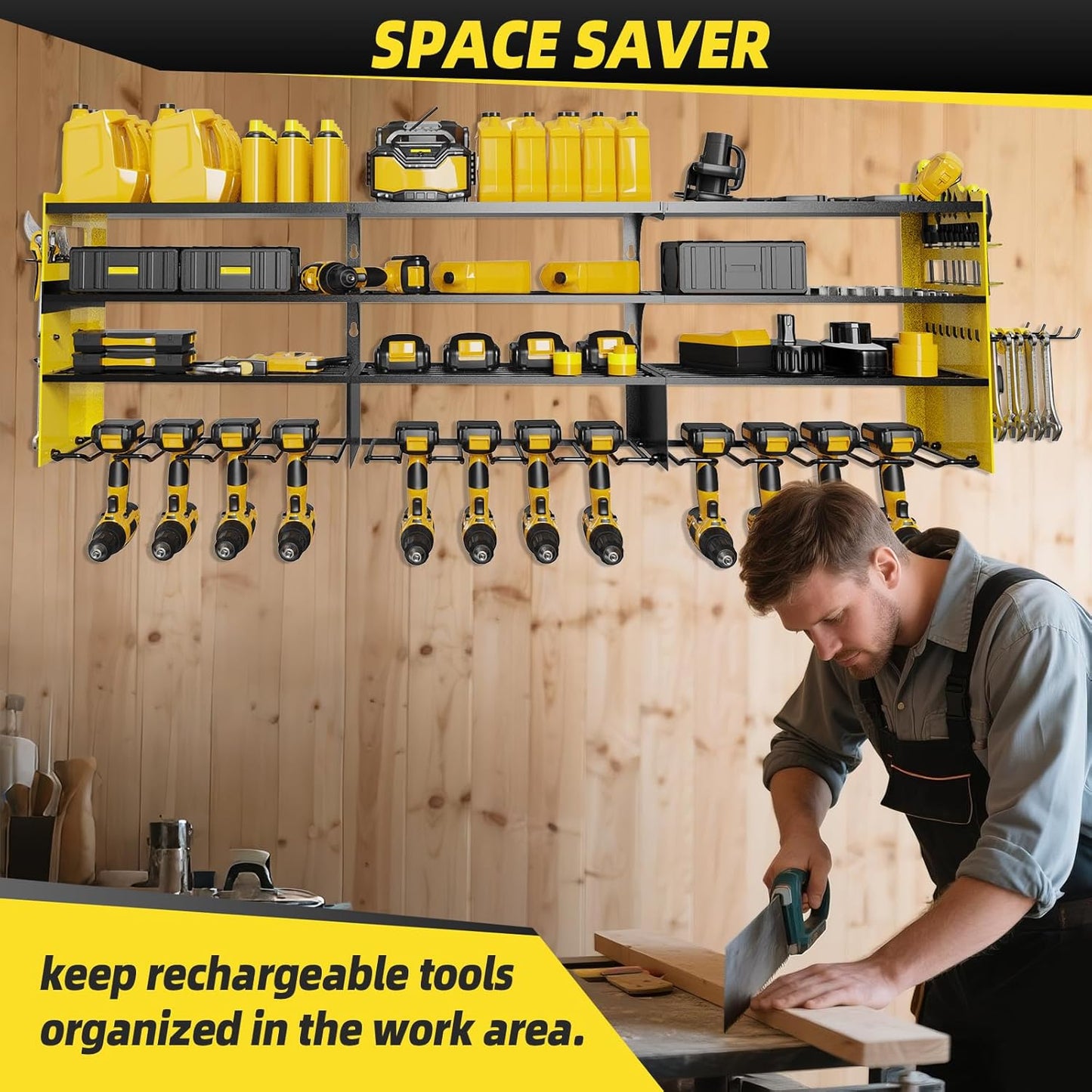 Power Tool Organizer Wall Mount with 12-Drill Holders-800Lbs Load Heavy Duty Metal 4-Layers Garage Storage and Organization with Side-Plates Adjustable Battery Tools Rack Utility Racks Gifts for Men