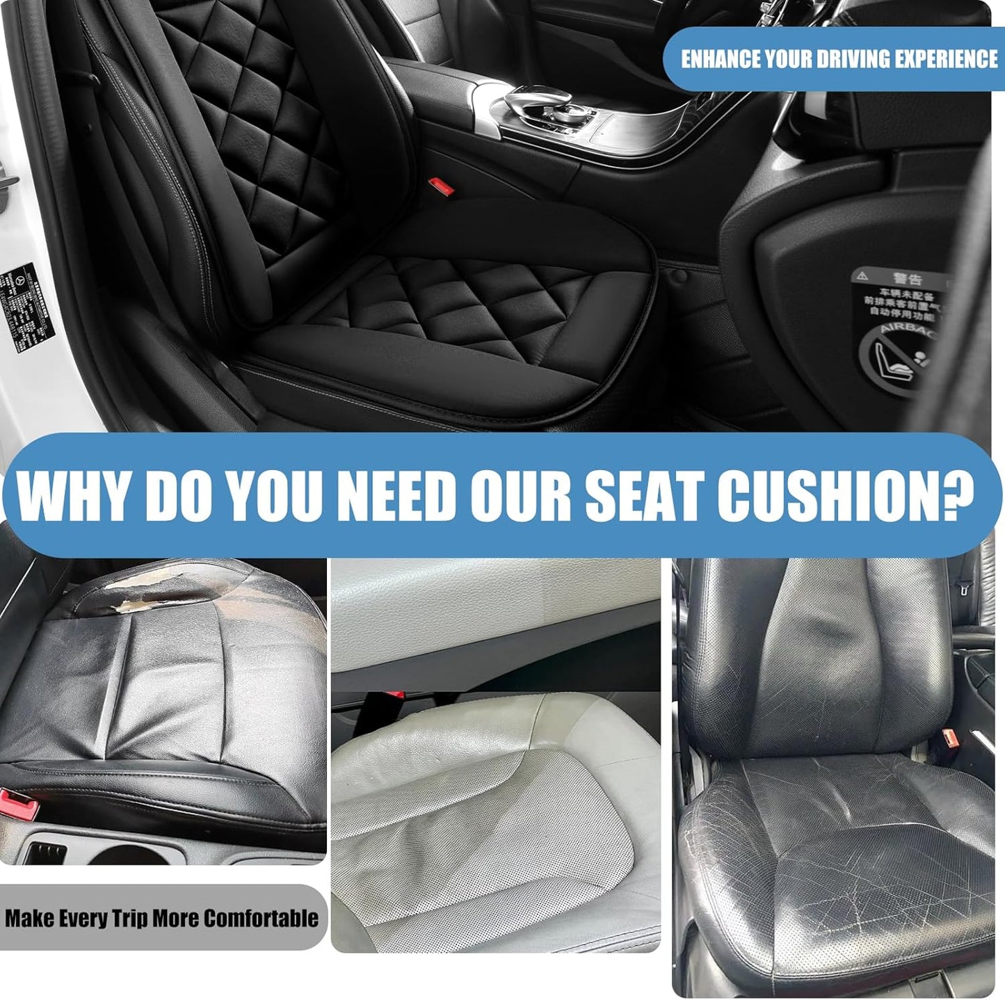 Chezope Car Seat Cushions Lumbar Support Pillows with Comfort Memory Foam Design Washable and Adjustable for Drivers and Office Use (Black)