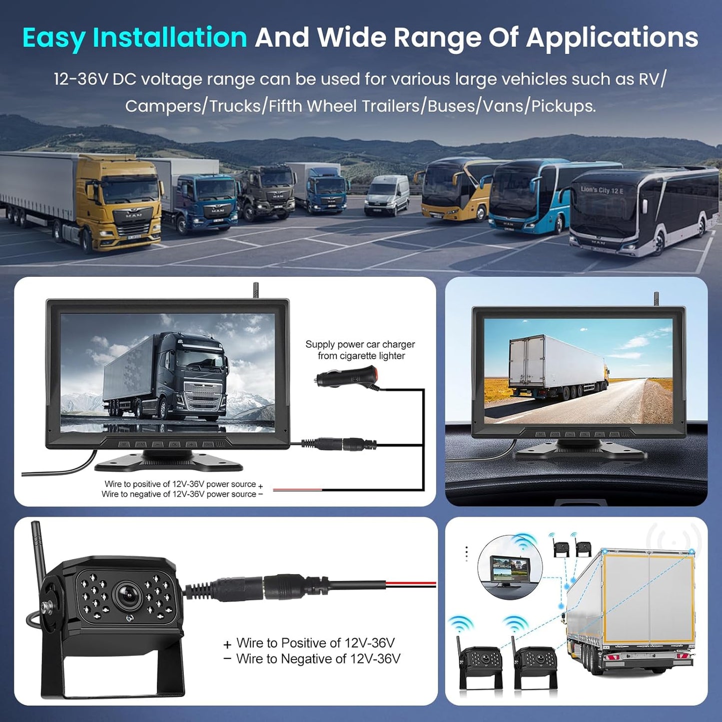 1080P Wireless Backup Camera Digital System Kit, Hodozzy 10.1 Inch HD 4 Quad Split Screen Reversing Monitor with Loop Record, Night Vision/IP68 Waterproof/Rear View Camera RV/Truck/Trailer/Bus/Camper