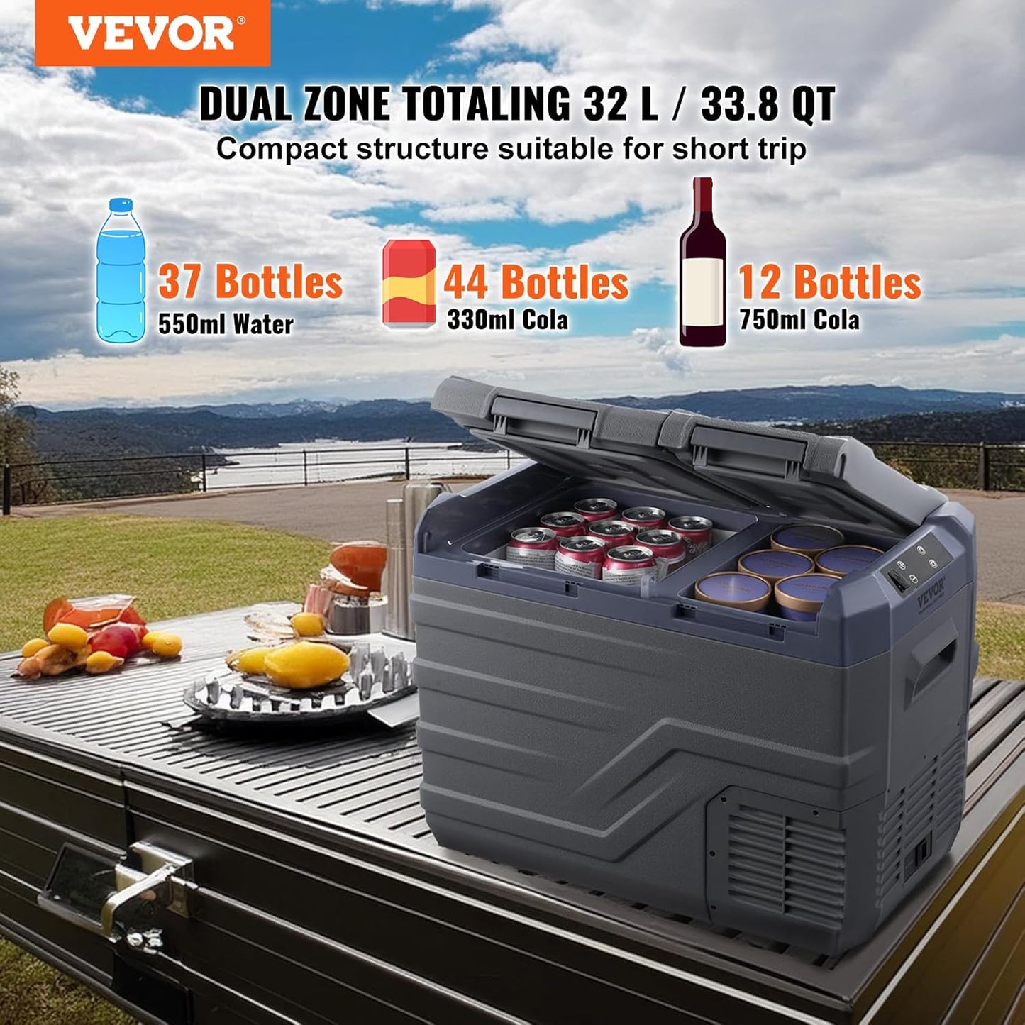 VEVOR NLS45, 12 Volt Car Refrigerator Fridge, 32 L Dual Zone Portable Freezer, -4℉-68℉ Adjustable Range, 12/24V DC and 100-240V AC Compressor Cooler for Outdoor, Camping, RV, Bule and grey