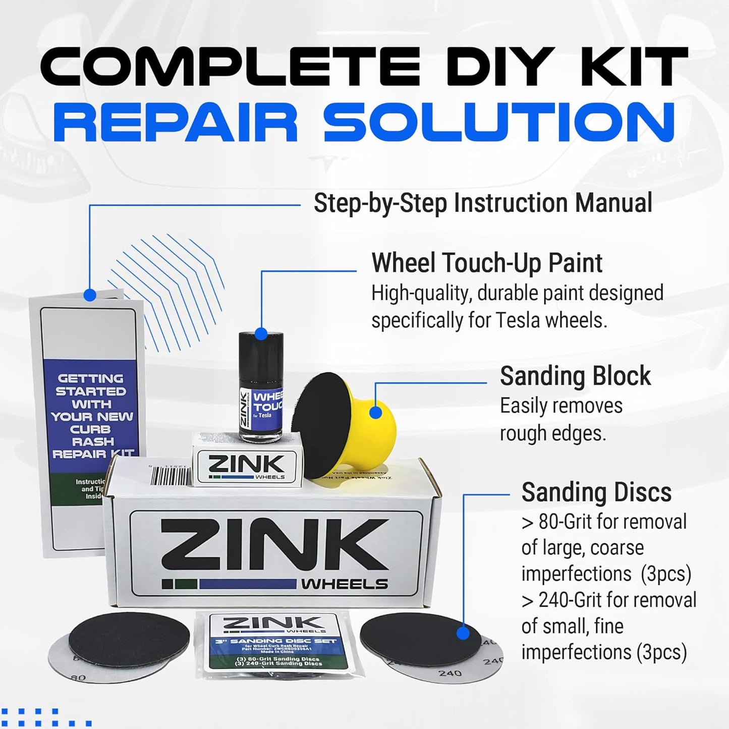 Premium Tesla Wheel Curb Rash Repair Kit for Model 3 20-inch Grey Stiletto/Sport Rims - DIY Kit with Color-matched Touch Up Paint - Made in USA