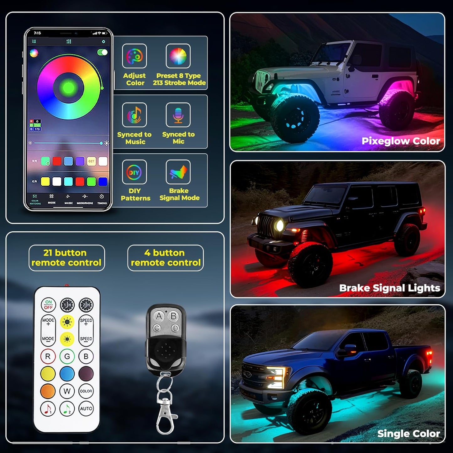 8 Pods 168 LEDs 5 Sides RGB Rock Lights, App/Remote Control Rock Lights for Trucks, Waterproof Multi-Color Bright Underglow Kits with Music Mode, Compatible with 12V Jeep UTV SUV ATV Golf RZR