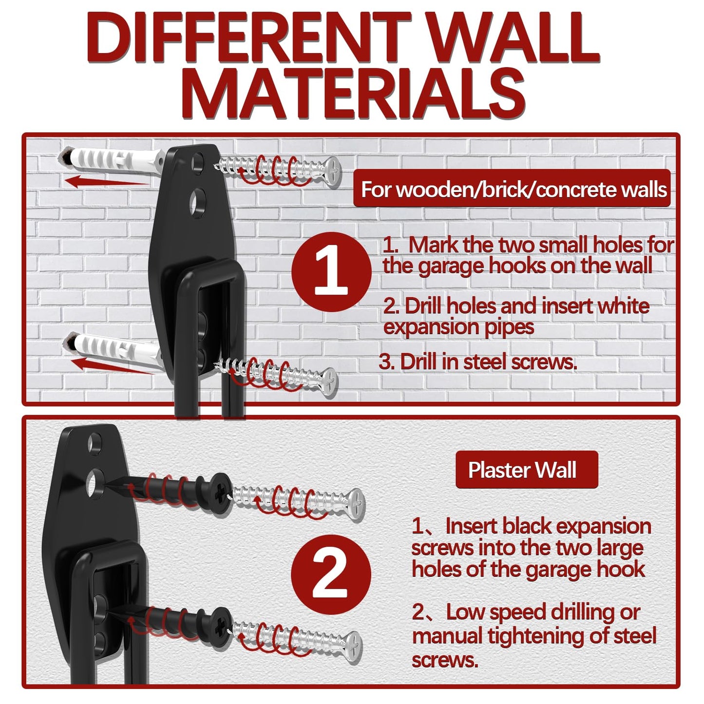 3-H Garage Wall Hooks 42 Pack, Heavy Duty Garage Hooks with Extra Welding Spots, Wall Mount Storage Organizer for Hanging Garden Lawn Tools, Ladder, Bike, WeedEater, Chair, Shovel, Blower (Red)