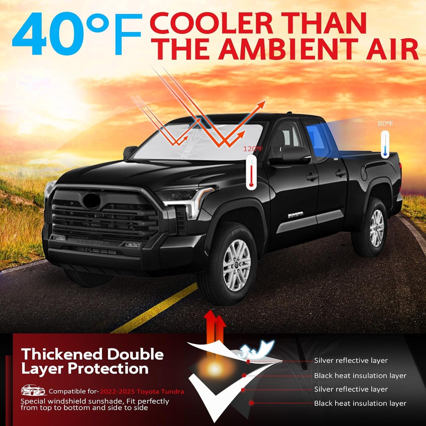 KAYZT Windshield Sun Shade for 2022-2025 2026 Toyota Tundra (Limited, SR5, Platinum, TRD Pro) Foldable Sunshade Front Window Custom Fit Car Accessories