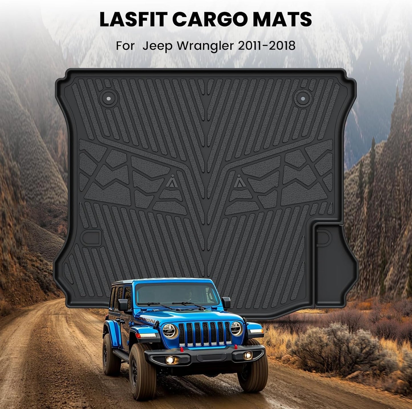 LASFIT Trunk Mat for Jeep Wrangler 2011-2018 JK Unlimited 4-Door (NOT for JL or 2-Door) All Weather TPE Custom Fit Cargo Mat Trunk Liner Cargo Liner, Black