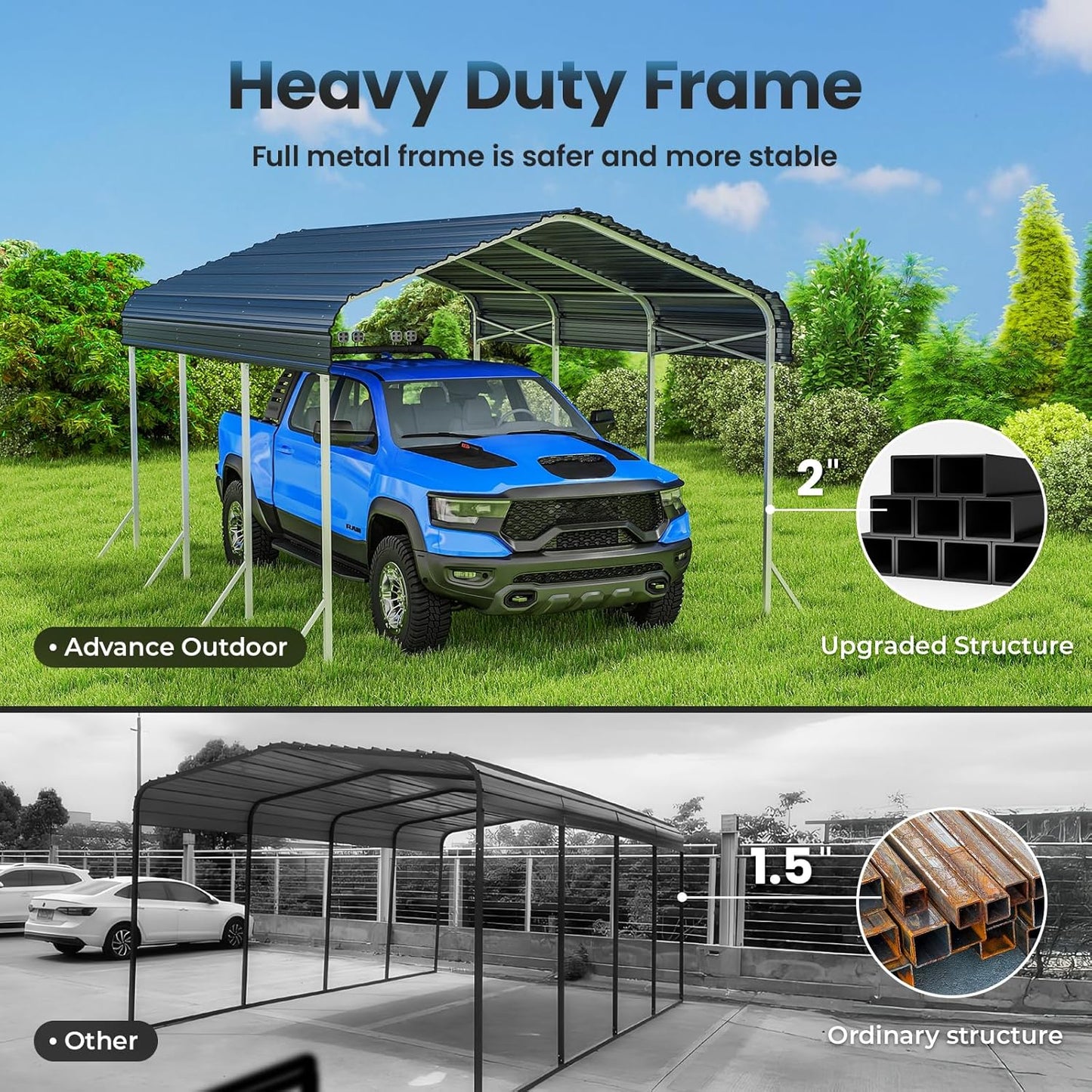 10x15ft Heavy Duty Metal Carport – Outdoor Galvanized Garage, Sturdy Structure, All-Weather Protection, Easy Assembly for Cars, Trucks, Boats, Tractors, and Outdoor Storage (Grey, 10x15FT)